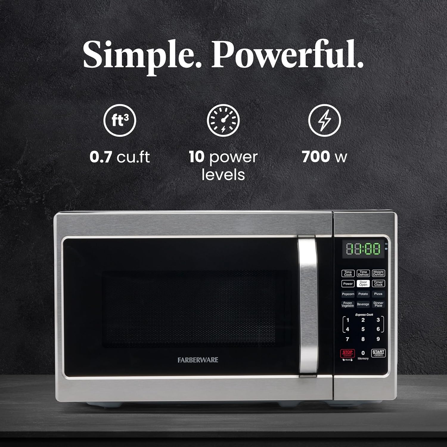 Farberware 0.7 Cu. Ft. Countertop Microwave Oven – 700 Watts Power, Auto Cook Settings, Defrost, Easy Clean and Child Safety Lock - Stainless - Image 2