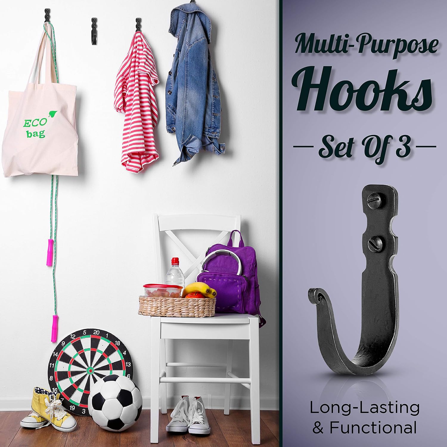 Decorative Hooks for Wall - Metal Wall Hooks for Hanging Coats, Hats & Bags, Rustic Towel Hooks for Bathrooms or Kitchen - Wrought Iron Farmhouse Hangers - Pack of 3, Black - 3.3x2x0.8 Inches - Image 8