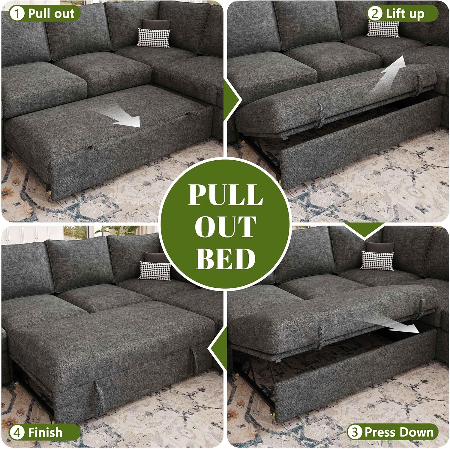 108 Inch Sectional Sleeper Sofa with Pull Out Bed, U Shaped 7 Seat Modular Sectional Sofa with Storage, Sectional Couches for Living Room, Cloud Modular Couch,Removable Sofa Cover, Dark Grey - Image 7