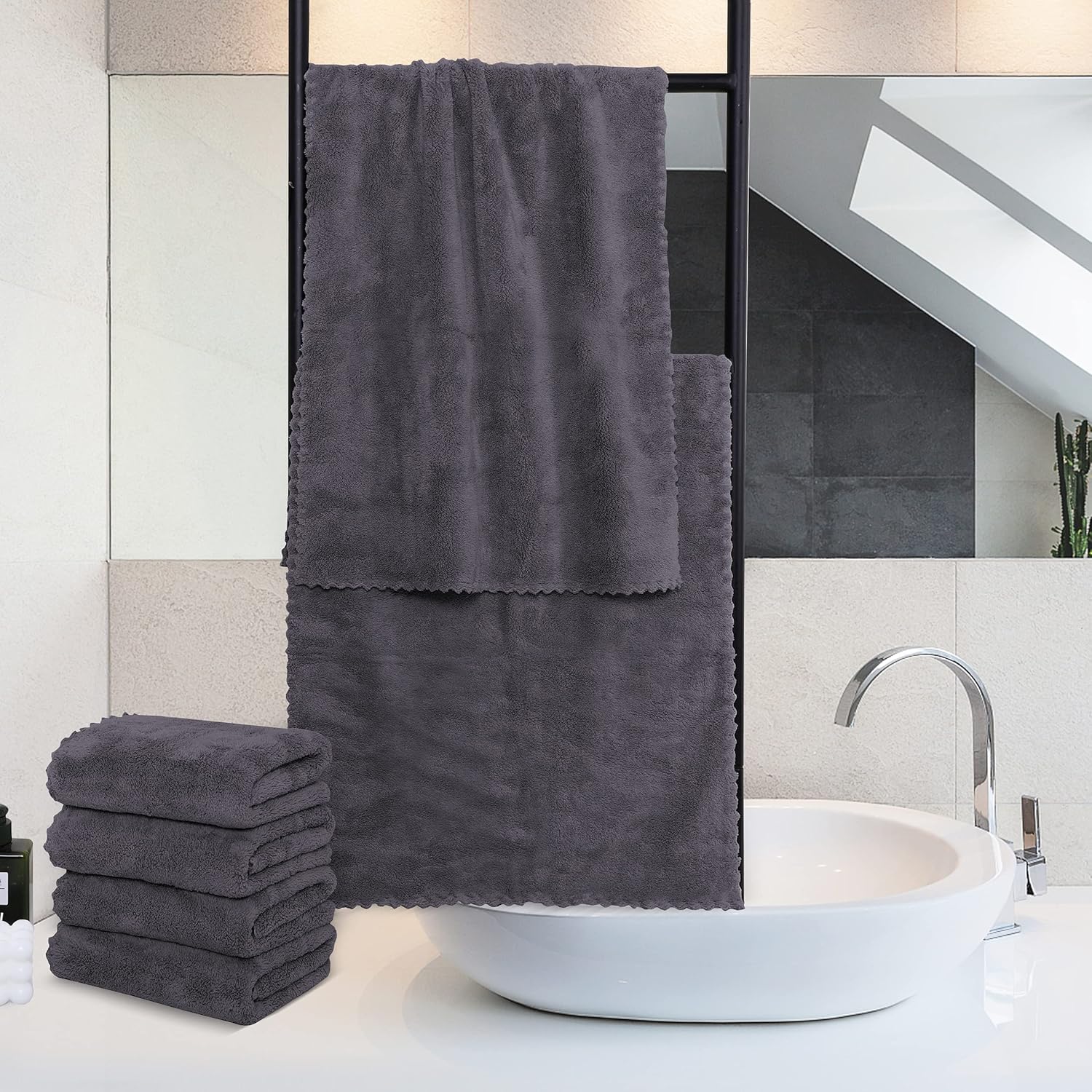 MOONQUEEN 6 Pack Premium Hand Towels - Quick Drying - Microfiber Coral Velvet Highly Absorbent Towels - Multipurpose Use as Hotel, Bathroom, Shower, Spa, Hand Towel 16 x 28 inches (Gray) - Image 3