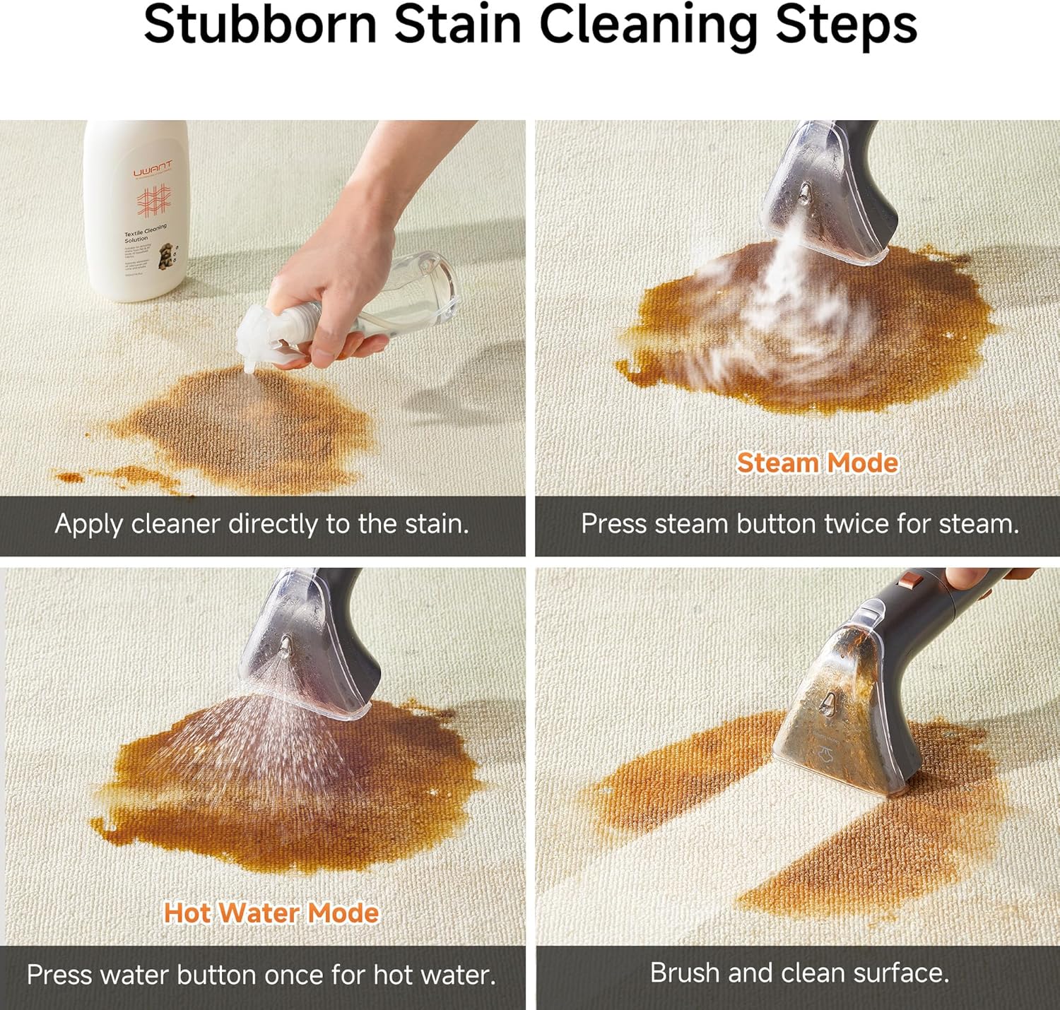 uwant Portable Carpet Cleaner with Steam& Hot Water 18Kpa Upholstery Cleaner Machine for Pets with Cleaning Tools& Solution Carpet Steam Cleaner for Cars,Couch,Furniture - Image 7