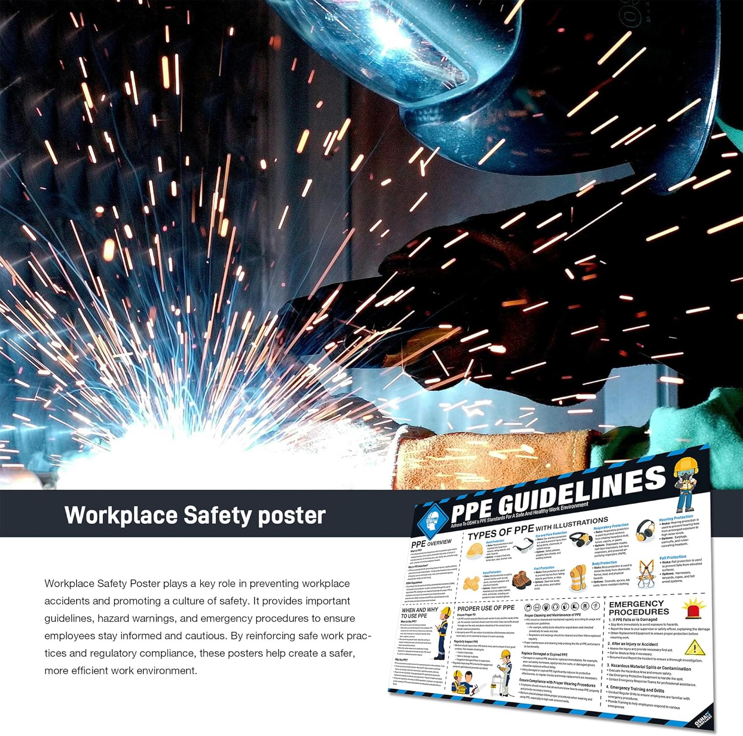 PPE Safety Poster 18"x24", OSHA Compliant Personal Protective Equipment (PPE) Guide for Workplace & Construction, Protective Gear Usage, Eye, Ear & Respiratory Safety Sign Tear-Resistant - Image 5