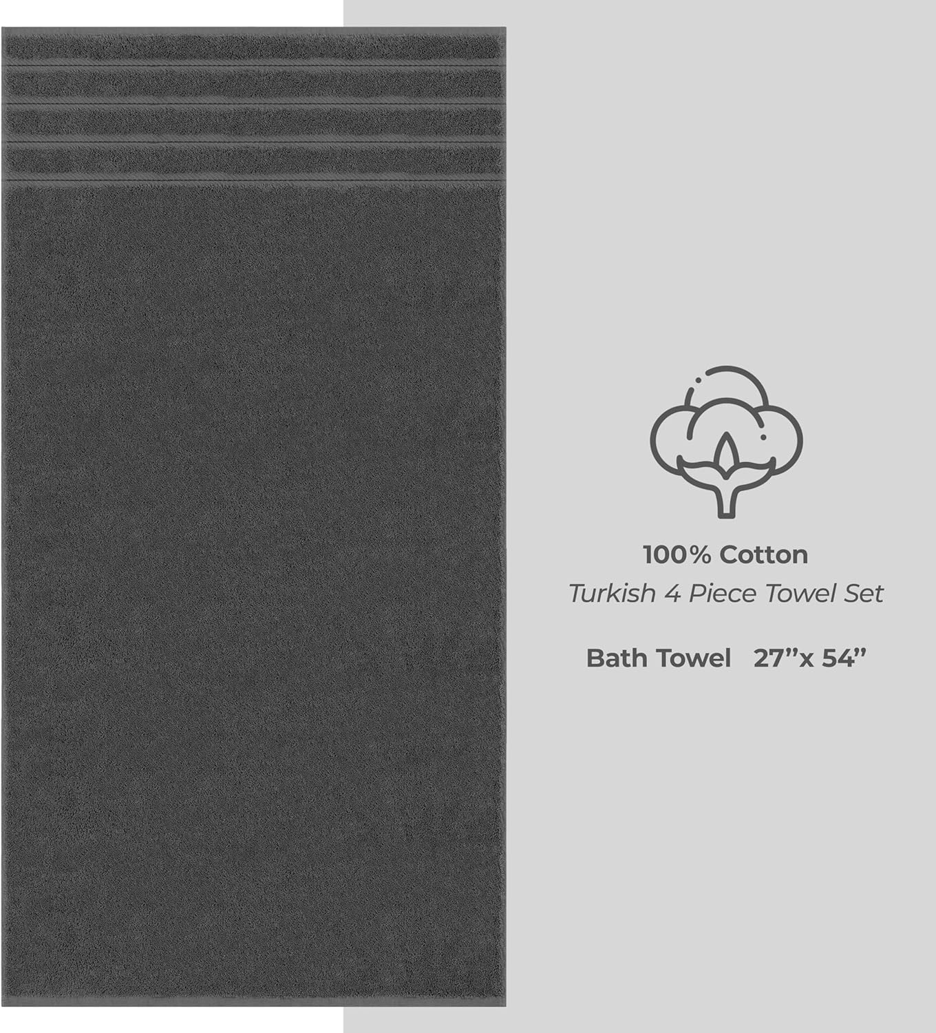 American Soft Linen Luxury 4 Piece Bath Towel Set, 600 GSM 100% Cotton Turkish Bath Towels for Bathroom, 27x54 in Large Bathroom Shower Towels, Dark Gray - Image 4