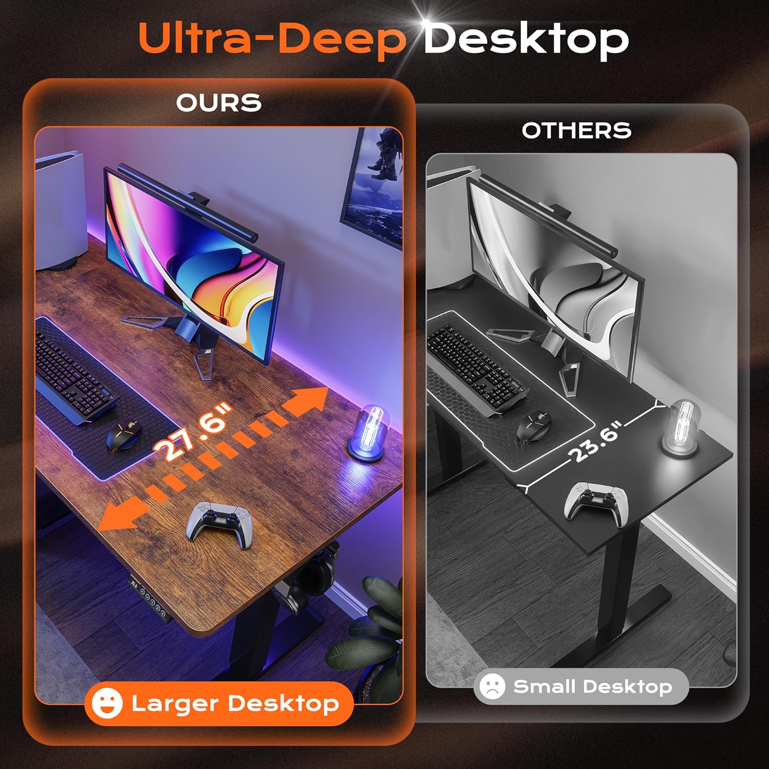 Huuger 55 x 28 Large Electric Standing Desk, Height Adjustable Computer Desk, 27.6" Deep Desktop, Stand up Gaming Office Desk with 2 Hooks, 3 Preset Heights, for Home Office, Rustic Brown - Image 4