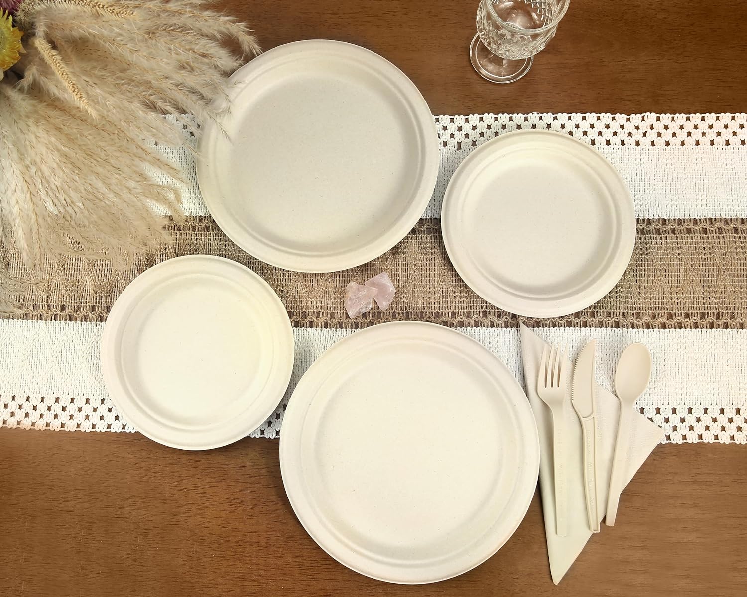300 Pack Paper Plates Set Party Supplies Severs 50 Guests Disposable Party Plates Sugarcane Forks Knives Spoons Heavy-Duty Paper Plate Bagasse Natural Compostable Eco-Friendly Birthday Wedding - Image 6
