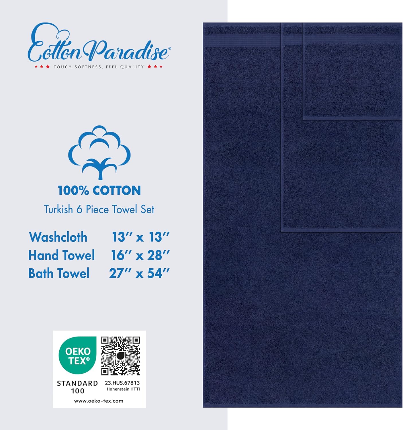 Cotton Paradise 6 Piece Towel Set 100% Cotton Soft Absorbent Turkish Towels for Bathroom 2 Bath Towels 2 Hand Towels 2 Washcloths, Navy Blue Towel Set - Image 4