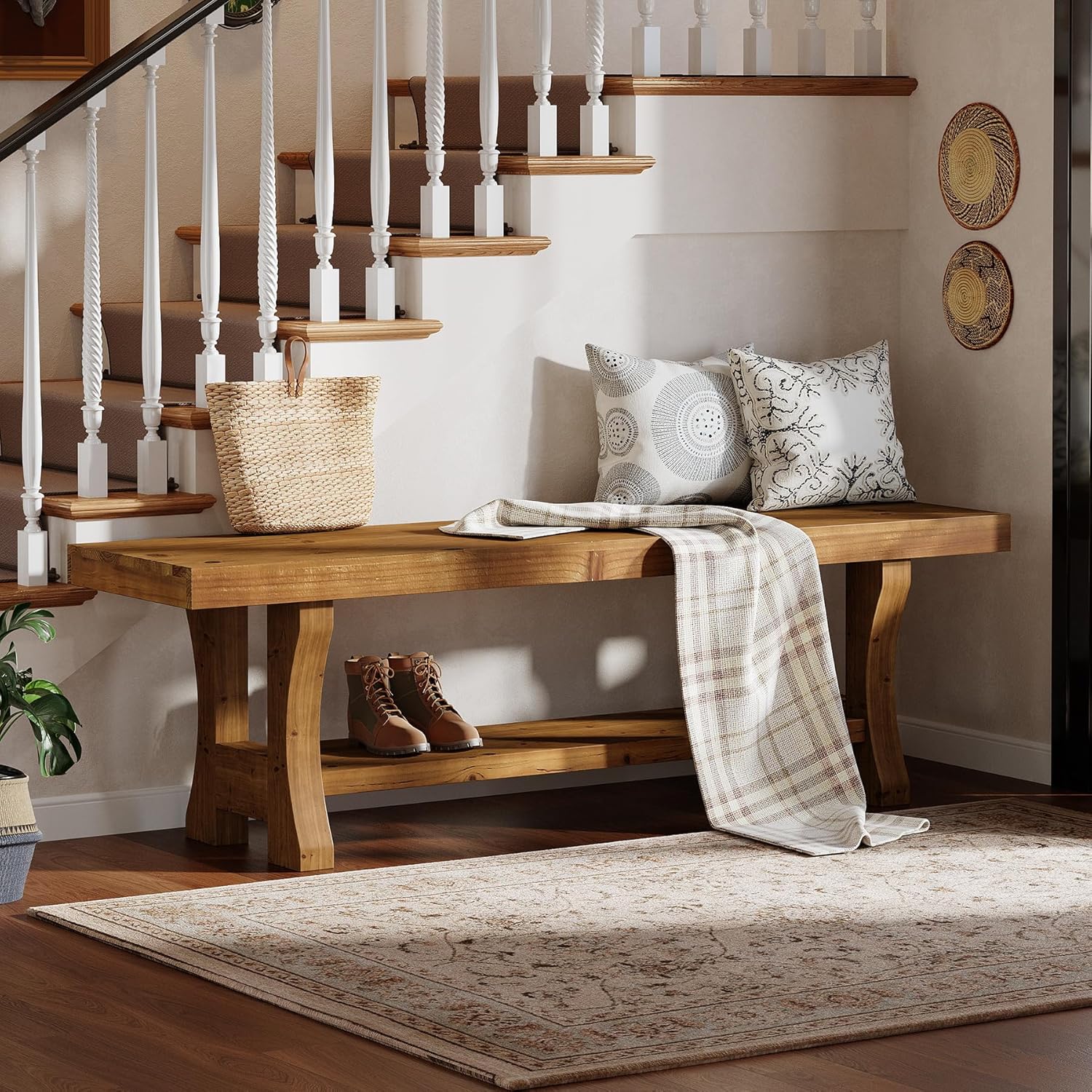 Solid Wood Entryway Bench, 55" End of Bed Bench, Long Indoor Dining Seat for Hallway, Bedroom, Living Room, Dining Room, Easy Assembly, Brown - Image 3