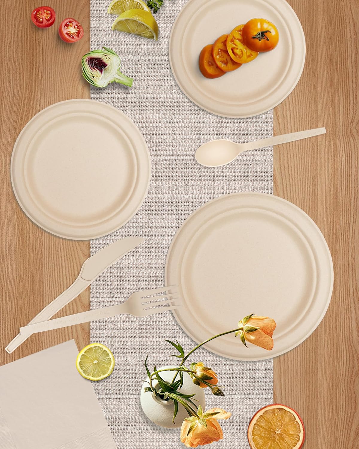 300 Pack Paper Plates Set Party Supplies Severs 50 Guests Disposable Party Plates Sugarcane Forks Knives Spoons Heavy-Duty Paper Plate Bagasse Natural Compostable Eco-Friendly Birthday Wedding - Image 8