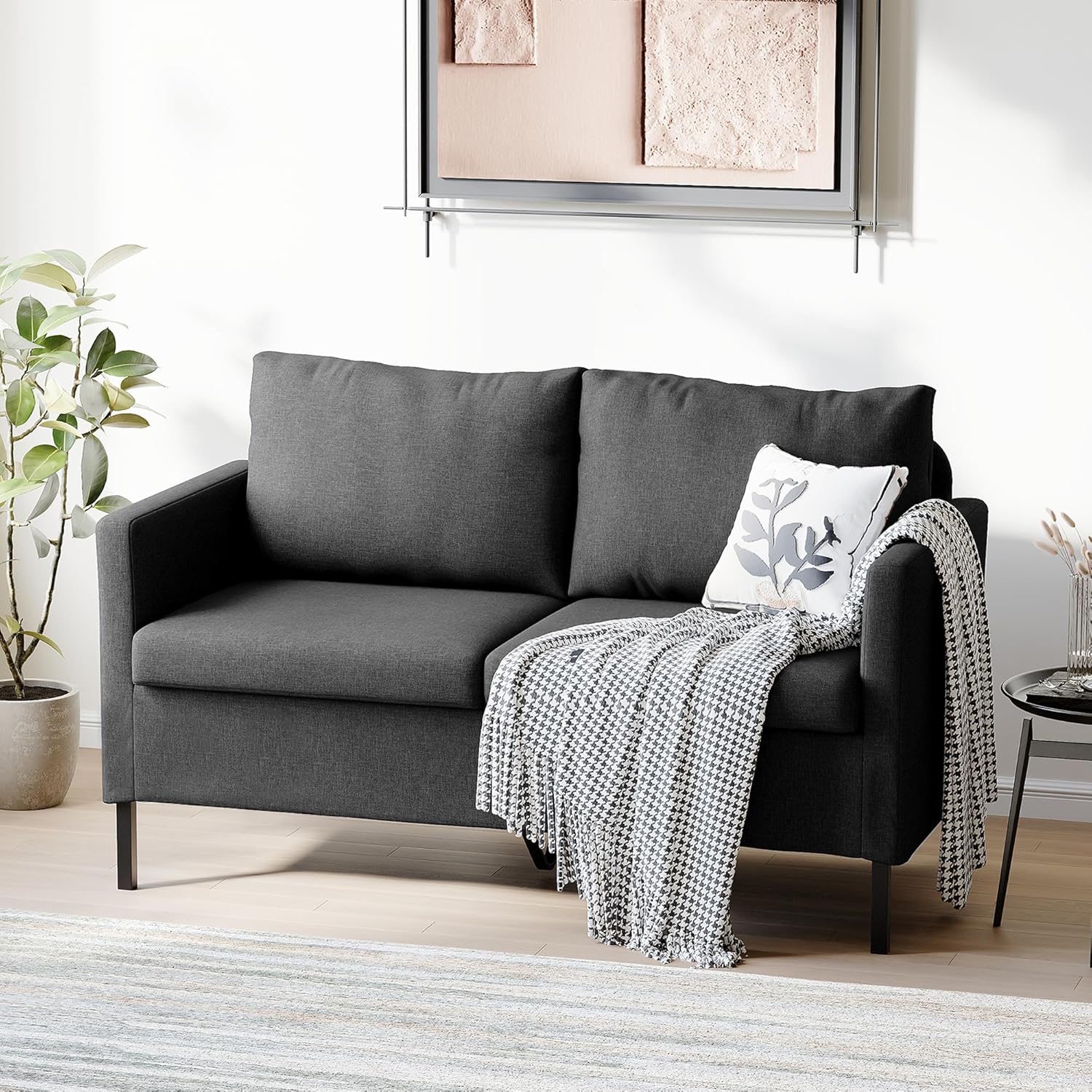TYBOATLE Linen Fabric Modern Small Loveseat Sofa Couch for Living Room, 51" W Little Upholstered 2-Seater Mini Love Seats w/Iron Legs for Small Space, Apartment, Bedroom, Dorm, Office (Dark Grey) - Image 9