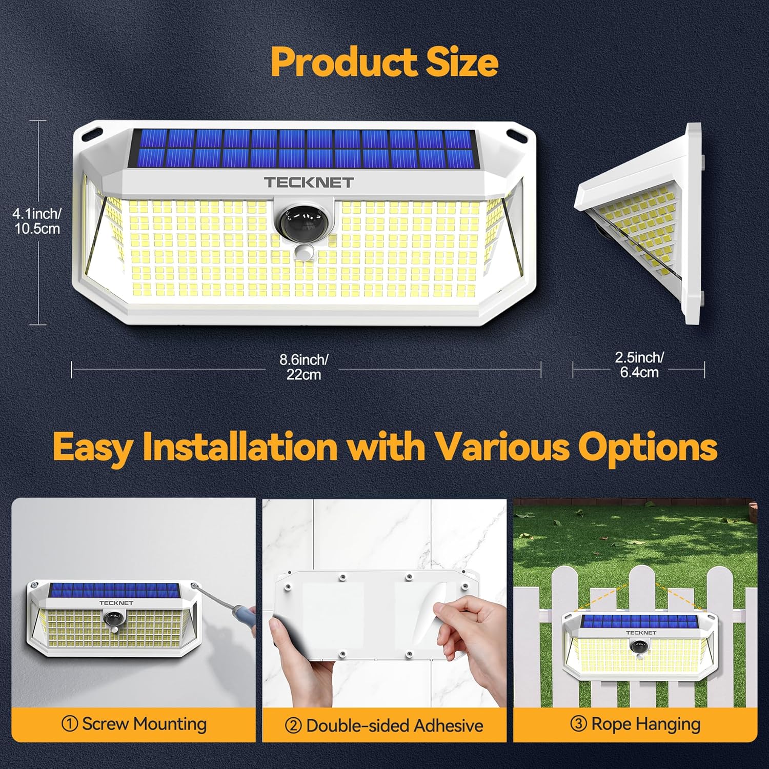 TECKNET 461 LED Solar Powered Outdoor Lights, 270° Angle & 3 Lighting Modes Motion Sensor Light Outdoor, Security Solar Lights Waterproof - 2 Pack, White, Cold Light - Image 7