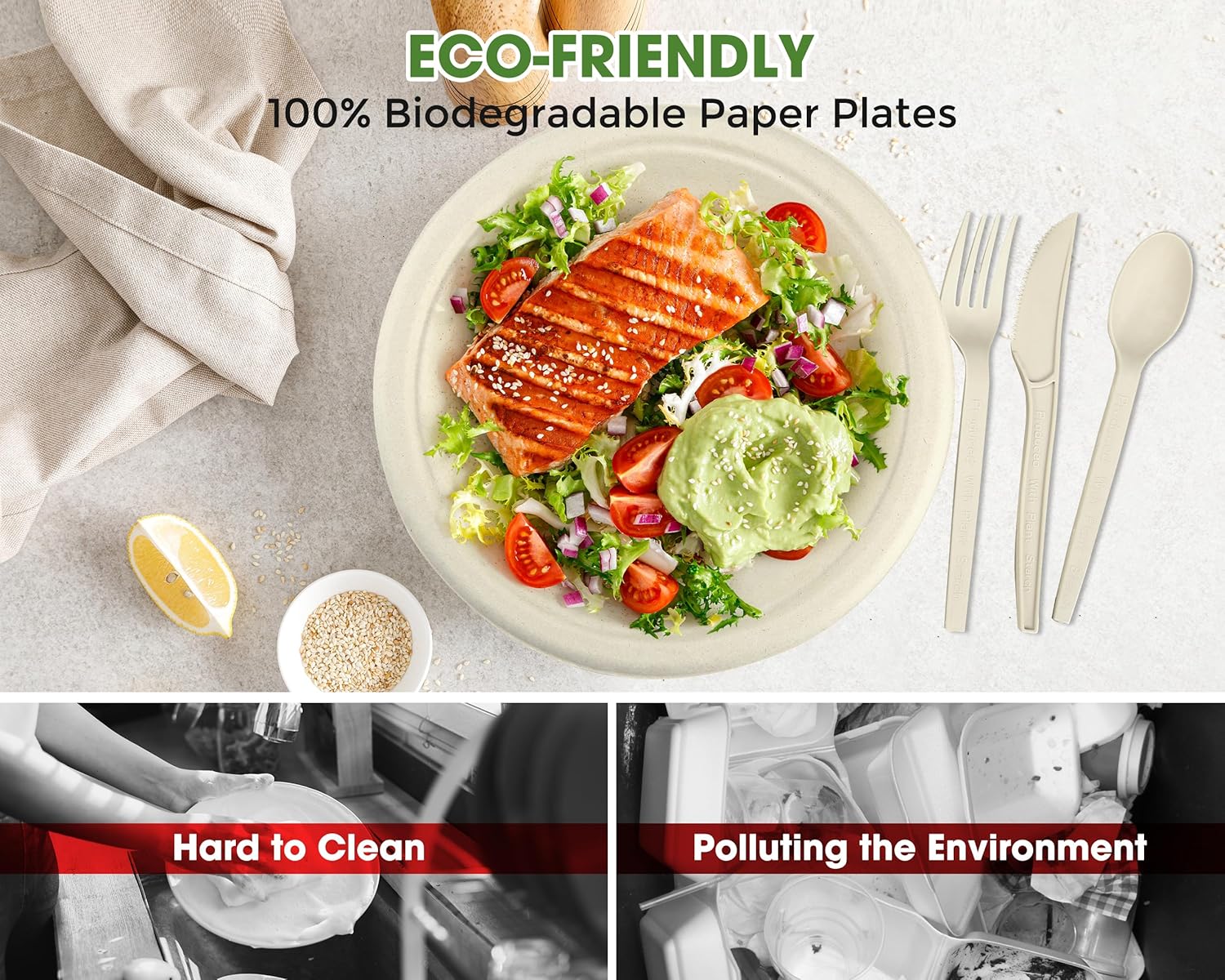 300 Pack Paper Plates Set Party Supplies Severs 50 Guests Disposable Party Plates Sugarcane Forks Knives Spoons Heavy-Duty Paper Plate Bagasse Natural Compostable Eco-Friendly Birthday Wedding - Image 4