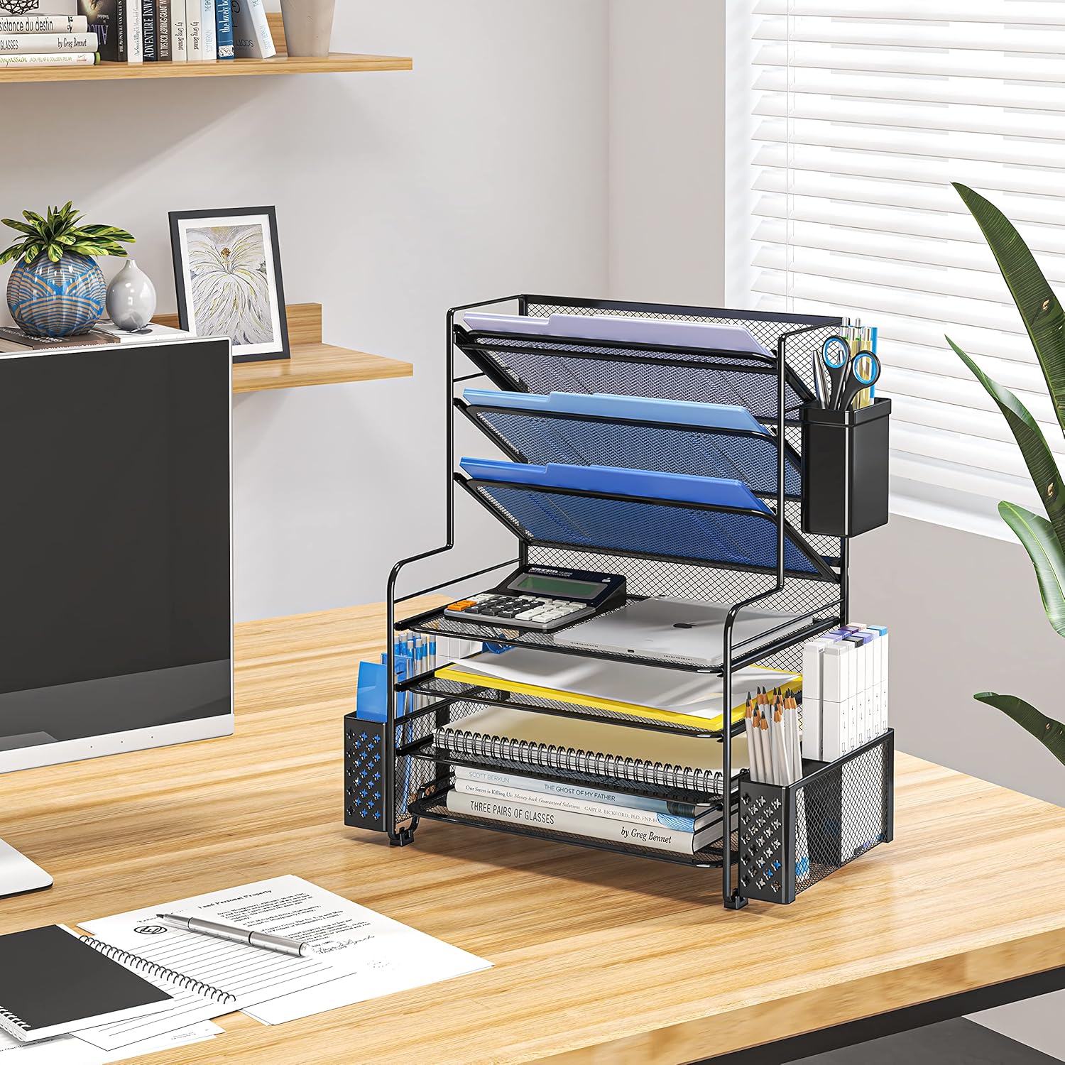 Simple Trending 7 Tier Desk File Organizer, Letter Tray Paper Organizer with Pen Holder and Metal Hanging Basket, Black - Image 5