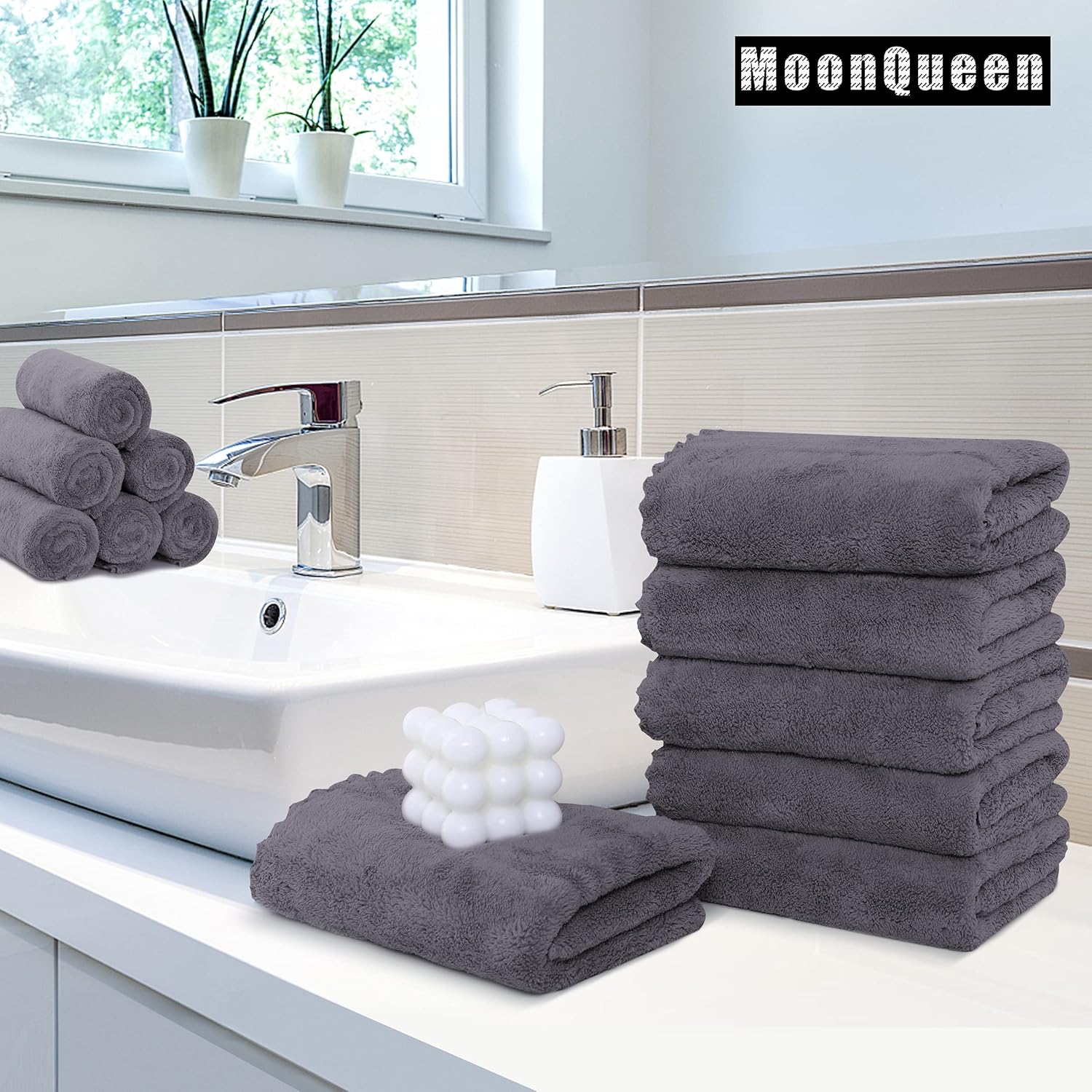MOONQUEEN 6 Pack Premium Hand Towels - Quick Drying - Microfiber Coral Velvet Highly Absorbent Towels - Multipurpose Use as Hotel, Bathroom, Shower, Spa, Hand Towel 16 x 28 inches (Gray) - Image 2