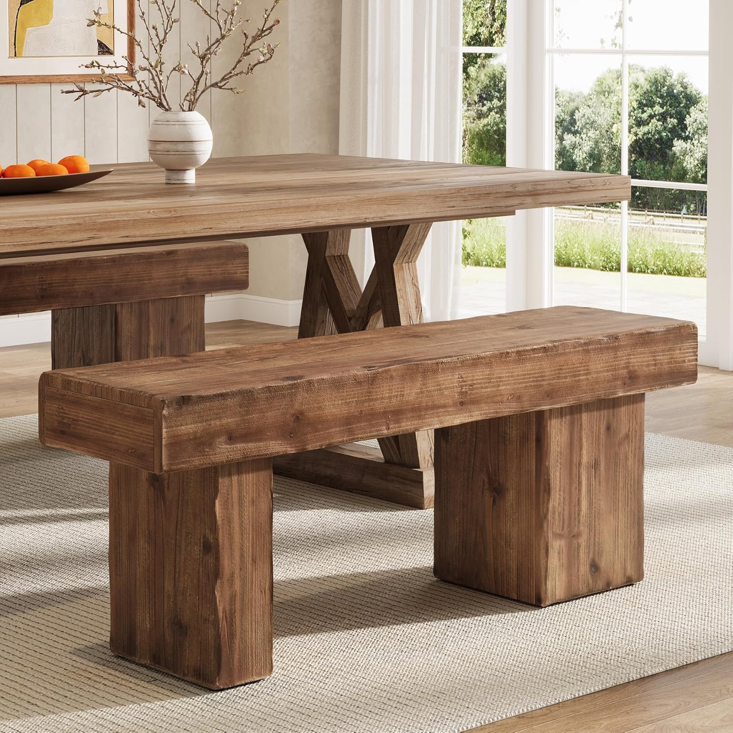 Thickened Solid Wood Bench, 47" Rustic Farmhouse Entryway Bench with Artistic Legs, Heavy Duty Dining Bench for Kitchen, Living Room, Hallway, End of Bed, Natural Wood - Image 3