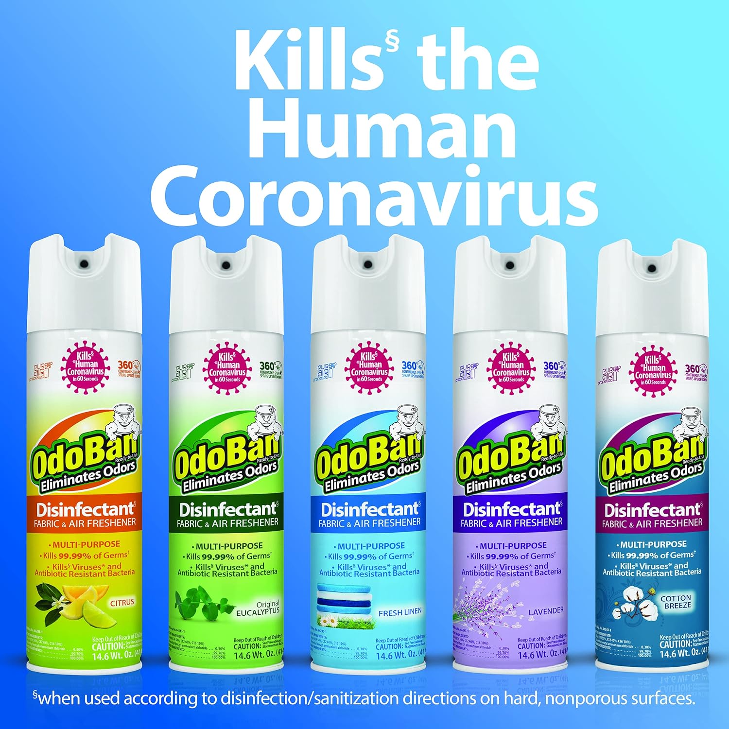 OdoBan Ready-to-Use 360-Degree Continuous Spray Disinfectant and Harsh Aroma Eliminator, Fabric and Air Freshener, 6 Pack, 14.6 Ounces Each, Original Eucalyptus Scent Clear - Image 6