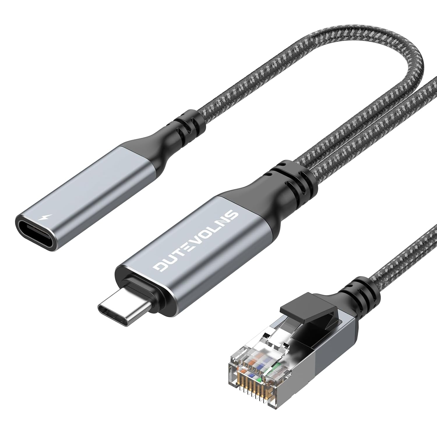USB C to Ethernet Cable & Female Charging 15 FT, USB-C Female 60W PD & Gigabit LAN Two in One, Type C to RJ45 Nylon Cord, Directly Connected, for MacBook Pro, Surfing Internet and Charging