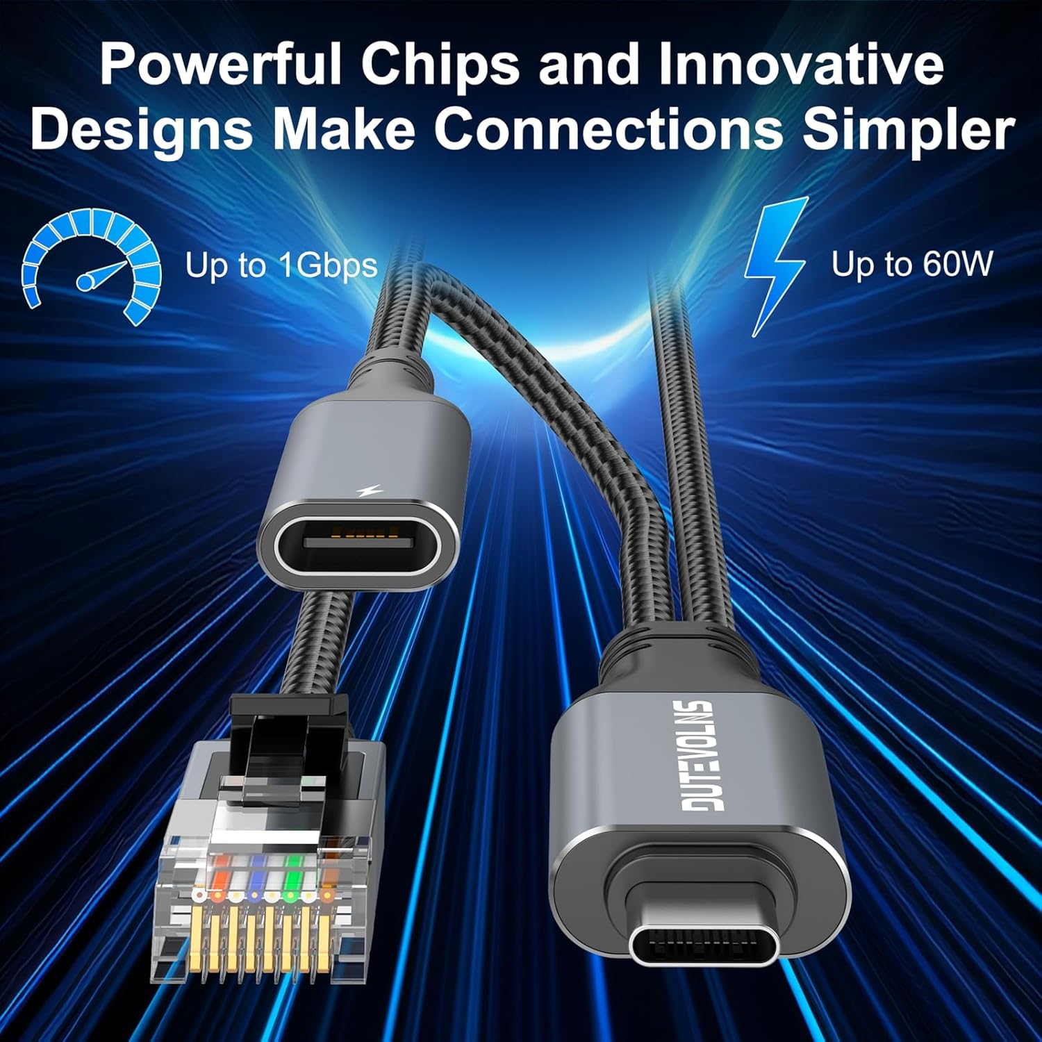 USB C to Ethernet Cable & Female Charging 15 FT, USB-C Female 60W PD & Gigabit LAN Two in One, Type C to RJ45 Nylon Cord, Directly Connected, for MacBook Pro, Surfing Internet and Charging - Image 2