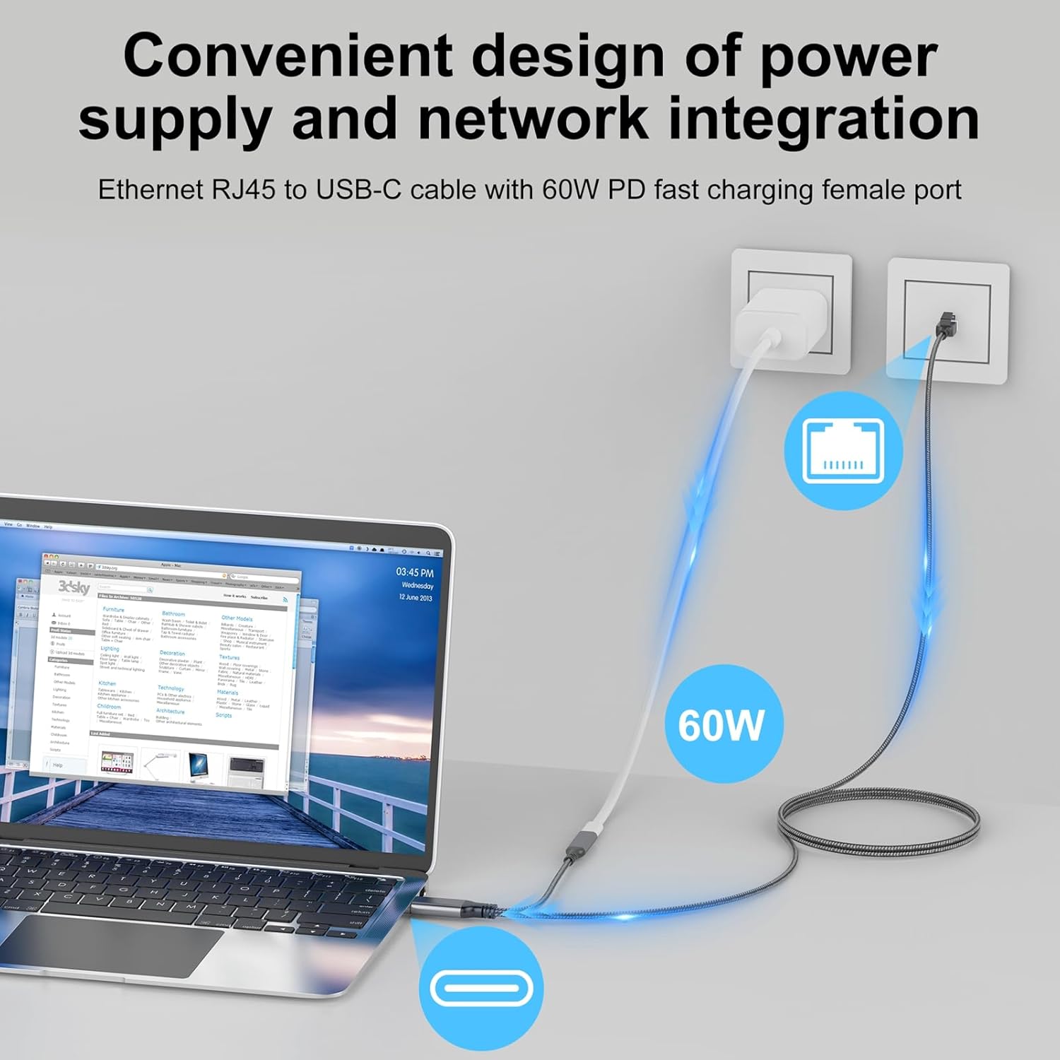 USB C to Ethernet Cable & Female Charging 15 FT, USB-C Female 60W PD & Gigabit LAN Two in One, Type C to RJ45 Nylon Cord, Directly Connected, for MacBook Pro, Surfing Internet and Charging - Image 3