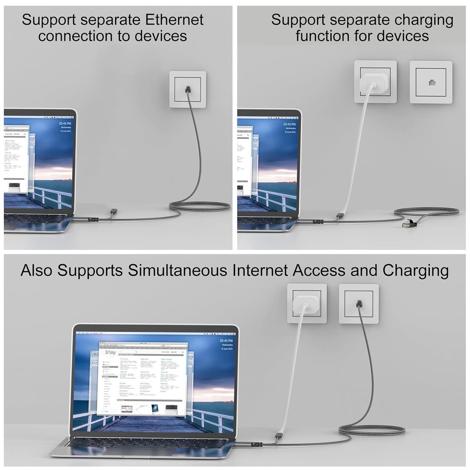 USB C to Ethernet Cable & Female Charging 15 FT, USB-C Female 60W PD & Gigabit LAN Two in One, Type C to RJ45 Nylon Cord, Directly Connected, for MacBook Pro, Surfing Internet and Charging - Image 4