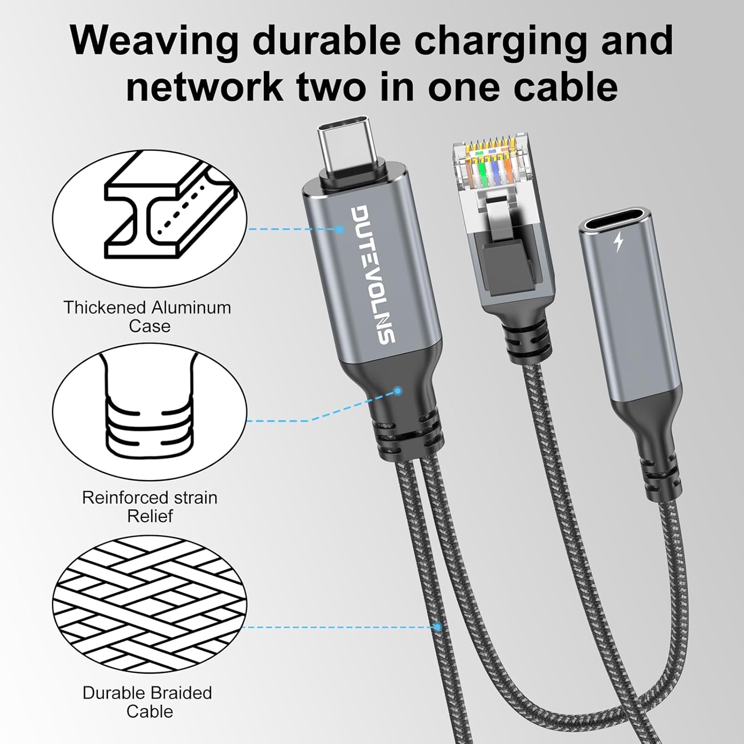 USB C to Ethernet Cable & Female Charging 15 FT, USB-C Female 60W PD & Gigabit LAN Two in One, Type C to RJ45 Nylon Cord, Directly Connected, for MacBook Pro, Surfing Internet and Charging - Image 5