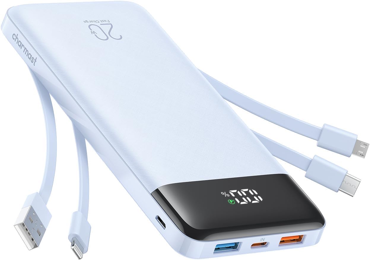 charmast 20000mAh Portable Charger with Built in Cables, 22.5W Travel Power Bank Fast Charging, USB C Cell Phone Battery Pack for iPhone 16/15/14/13/12/11 Series, iPad, Samsung, Android, Tablet