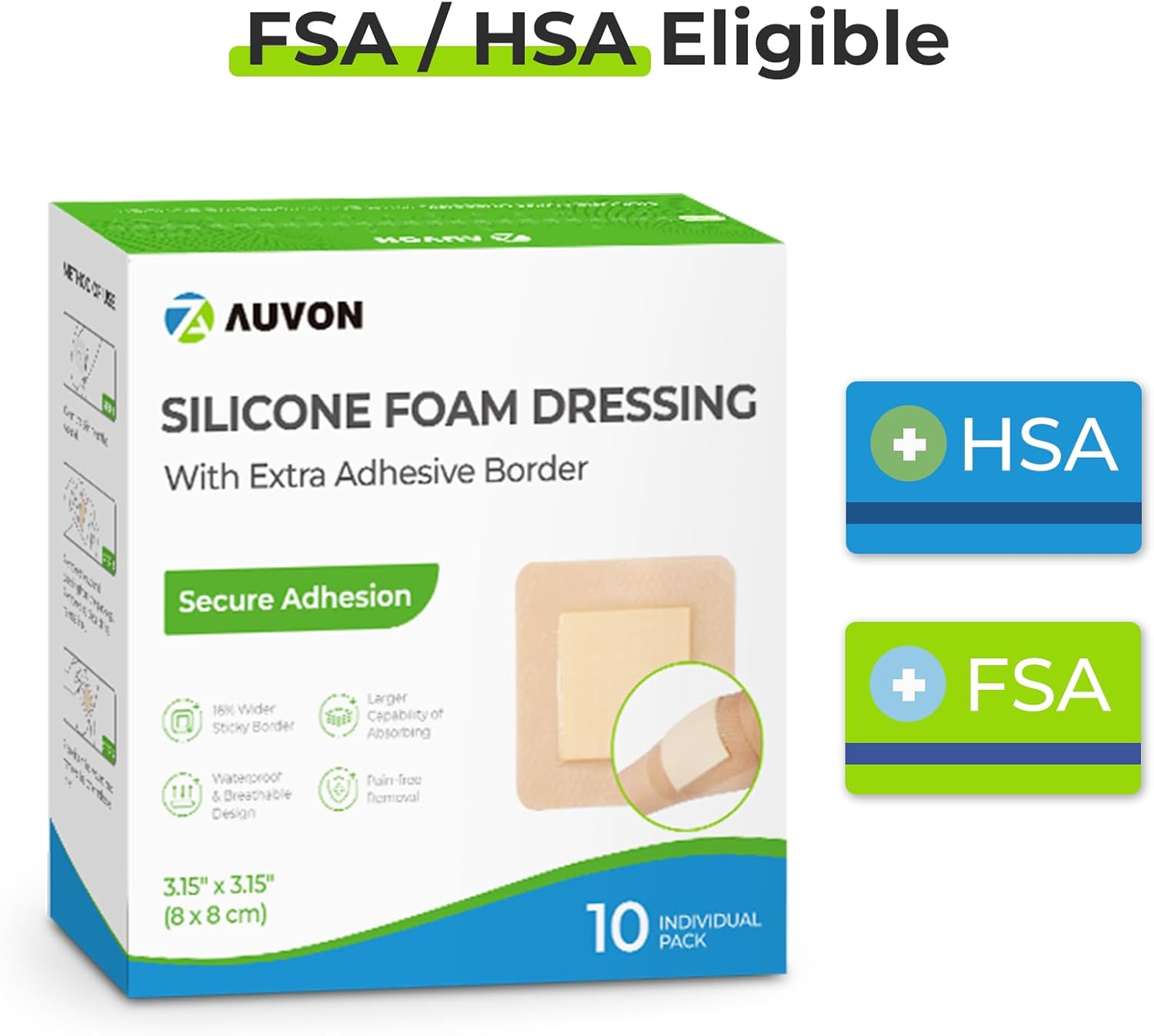 AUVON Silicone Foam Dressing with Large Adhesive Border, 3" x 3" 10-Pack Wound Dressing Bandages with High Absorbency, Waterproof Silicone Foam Pads for Wound Care & Protection Plus Cushioning - Image 6