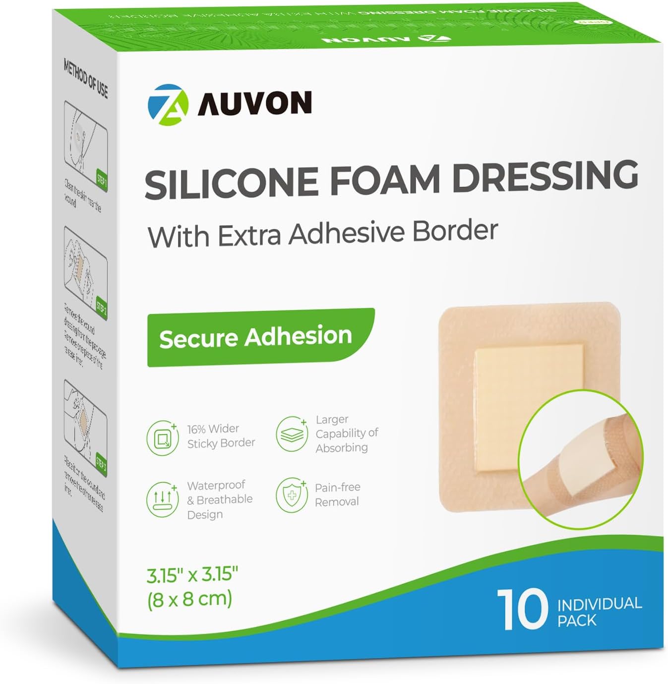 AUVON Silicone Foam Dressing with Large Adhesive Border, 3" x 3" 10-Pack Wound Dressing Bandages with High Absorbency, Waterproof Silicone Foam Pads for Wound Care & Protection Plus Cushioning