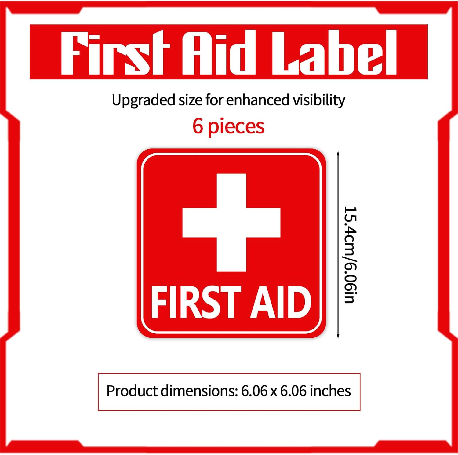 6PCS Self-Adhesive First Aid Sticker, 6.06x6.06in Waterproof First Aid Sign Medical Stickers, Red White First-Aid Patch for Home, Car, Office, or Commercial Emergency First-Aid Kit Supplies - Image 2