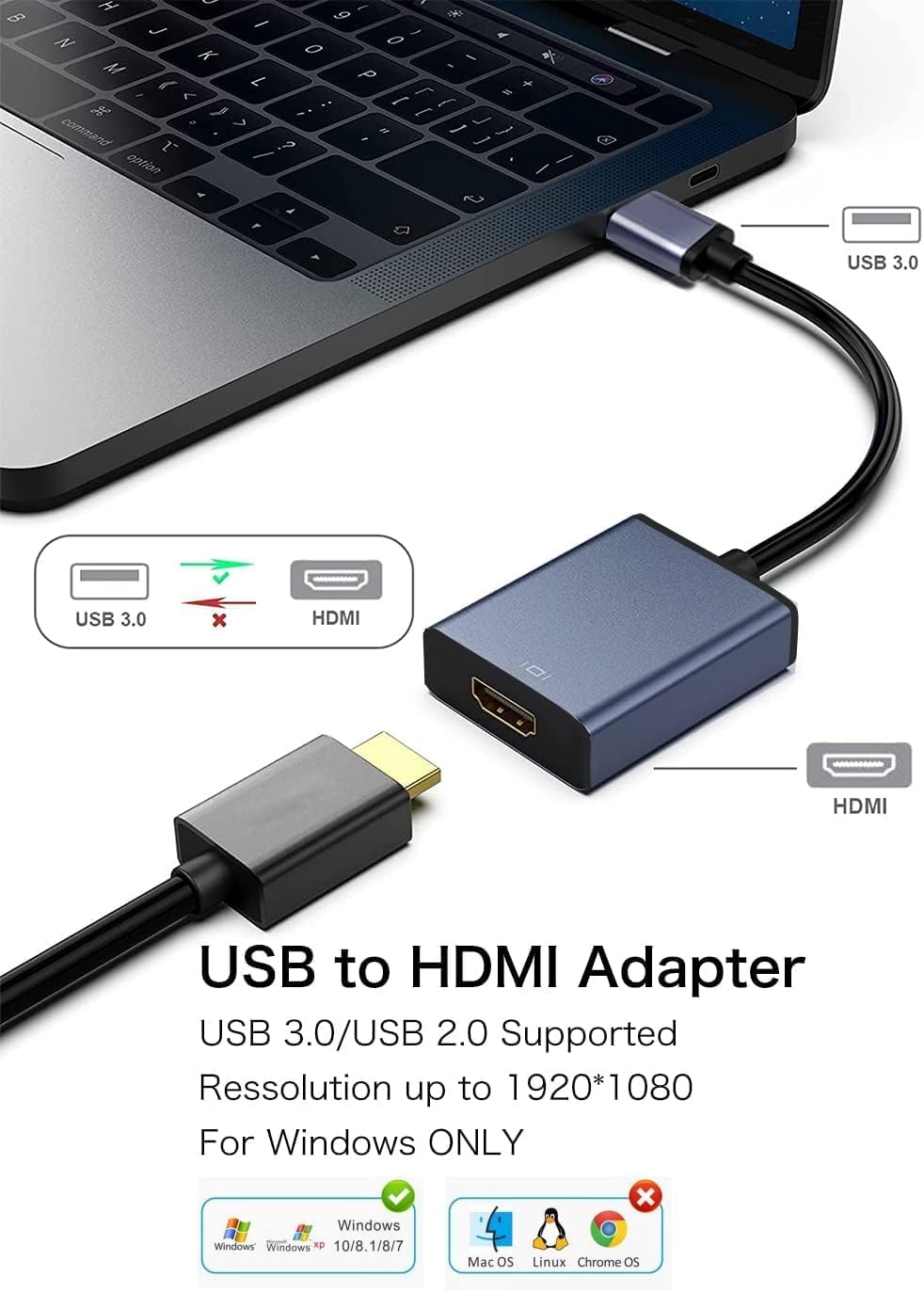 USB to HDMI Adapter - 3.0/2.0 Multi-Monitor Cable,Compatible with Windows 7/8/10/11 and MacOS for Multiple Monitors - Image 3