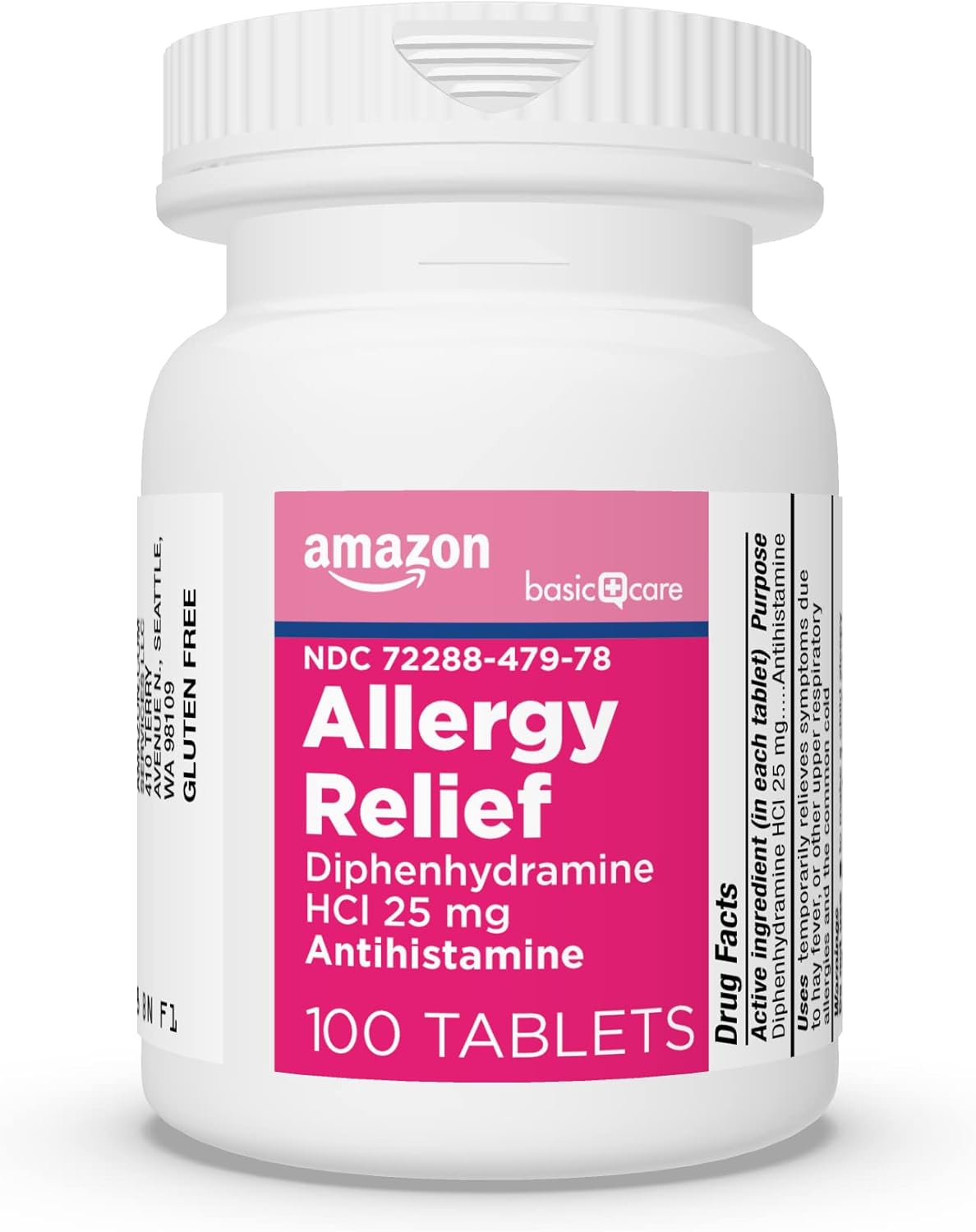 Amazon Basic Care Allergy Relief Diphenhydramine HCl 25 mg, Antihistamine Tablets for Symptoms Due to Hay Fever and Upper Respiratory Allergies, Mini-Tabs, 100 Count - Image 6