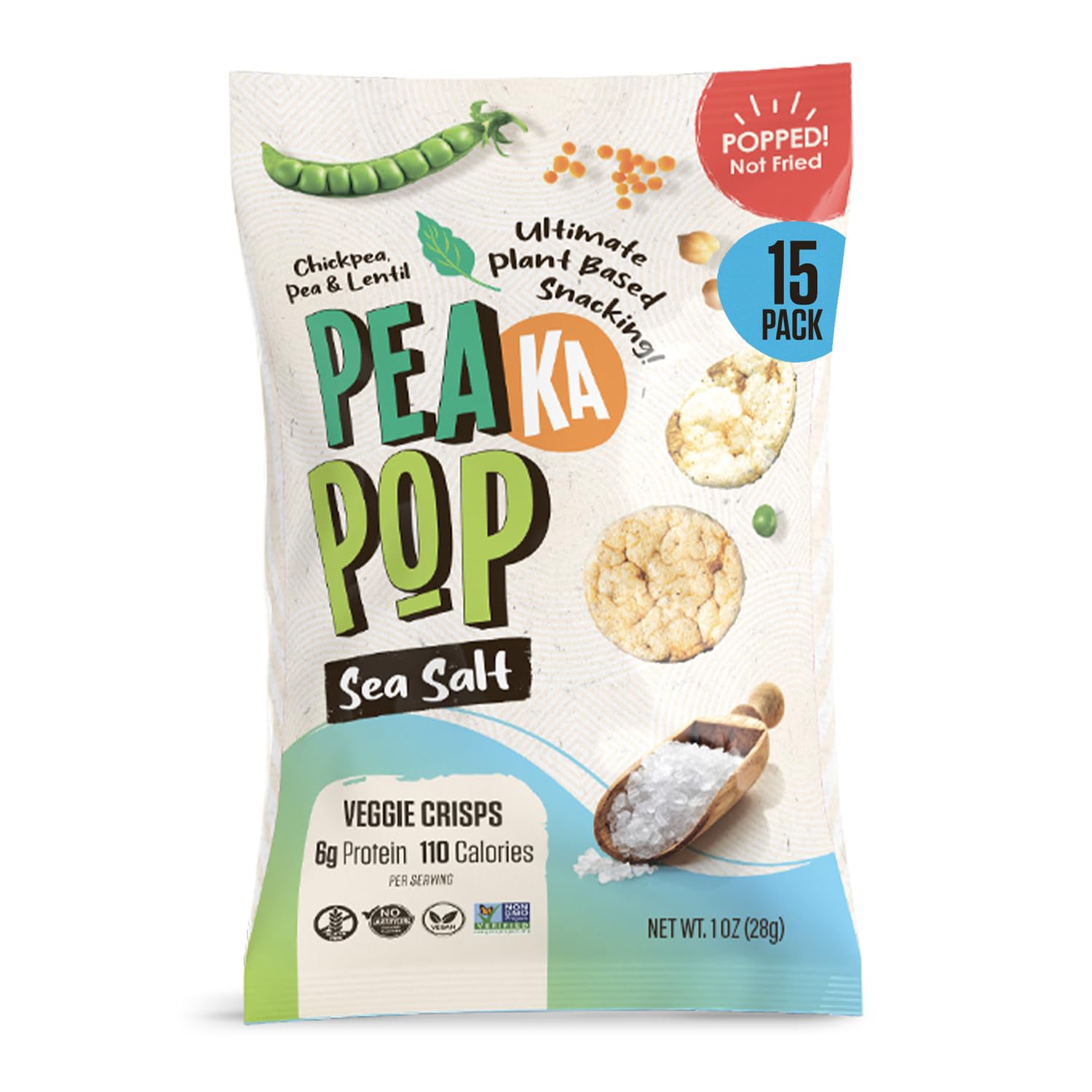 PeaKaPop Veggie Chips – Plant-Based, Healthy Veggie Crisps with Pea, Lentil & Chickpea Protein – Vegan, Gluten-Free, Popped Chips – Snack Size for Kids & Adults – 1 oz Bags (15-Pack) – Sea Salt - Image 3