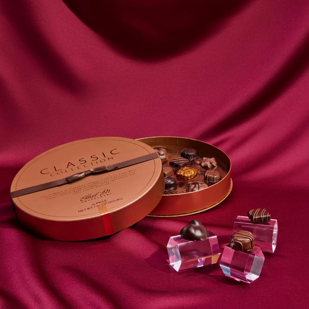 Ethel M Chocolates Classic Collection 16 Piece Premium Milk and Dark Chocolate Assortment in Round Copper Gift Box - Chewy Caramel, Macadamia, Pecan, Almond, Vanilla - Image 3