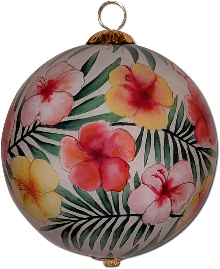 Collectible Hawaiian Hibiscus Glass Ornament Hand-Painted in Watercolor with Gift Box WH/M - Image 2