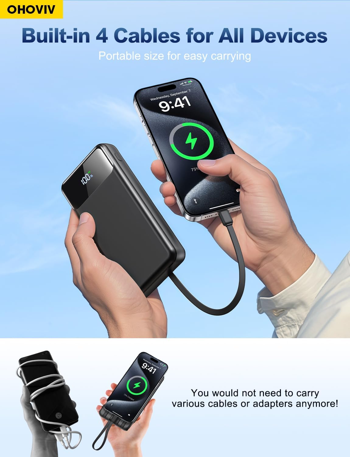 Portable Charger Power Bank 50000mAh Battery Pack, 22.5W Fast Charging PowerBank with Built in Cables,Travel Camping Essential USB-C Portable Phone Charger for iPhone Samsung Pixel Android iPad - Image 3
