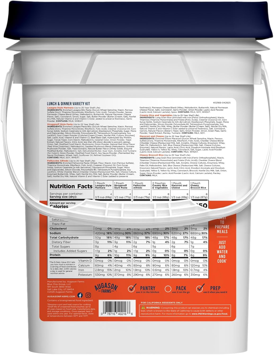 Lunch & Dinner Variety Kit Emergency Food Supply, 113 Servings, 25 Year Shelf Life - Dehydrated Meals, Survival Food Camping Essentials, 4 Gallon Bucket - Image 3