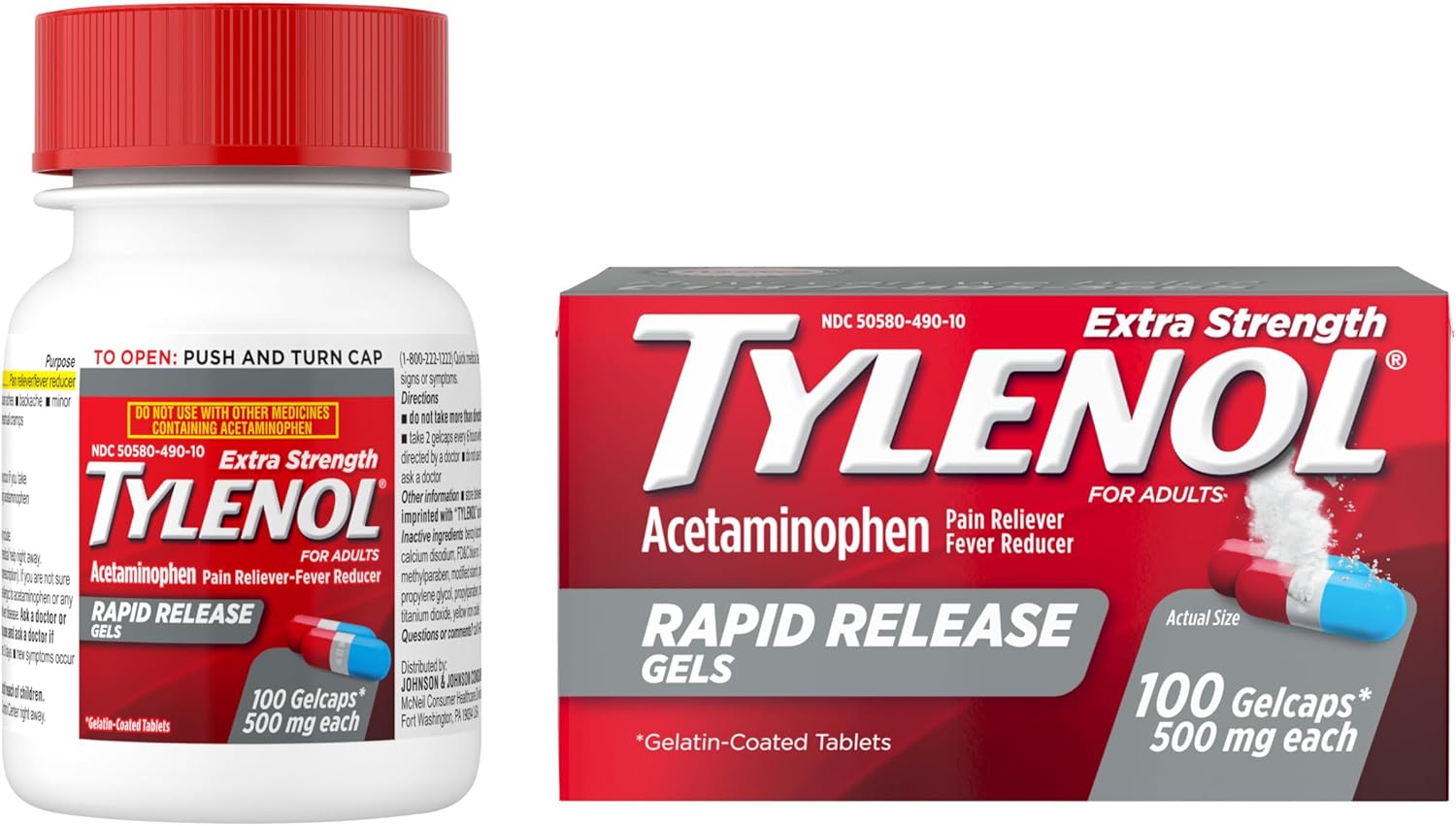 Tylenol Extra Strength Acetaminophen Rapid Release Gels, Pain Reliever & Fever Reducer, Gelcaps with Laser-Drilled Holes for Fast Release, Gentle on Stomach, 500 mg Per Gelcap, 100 Count OTC Medicine - Image 8
