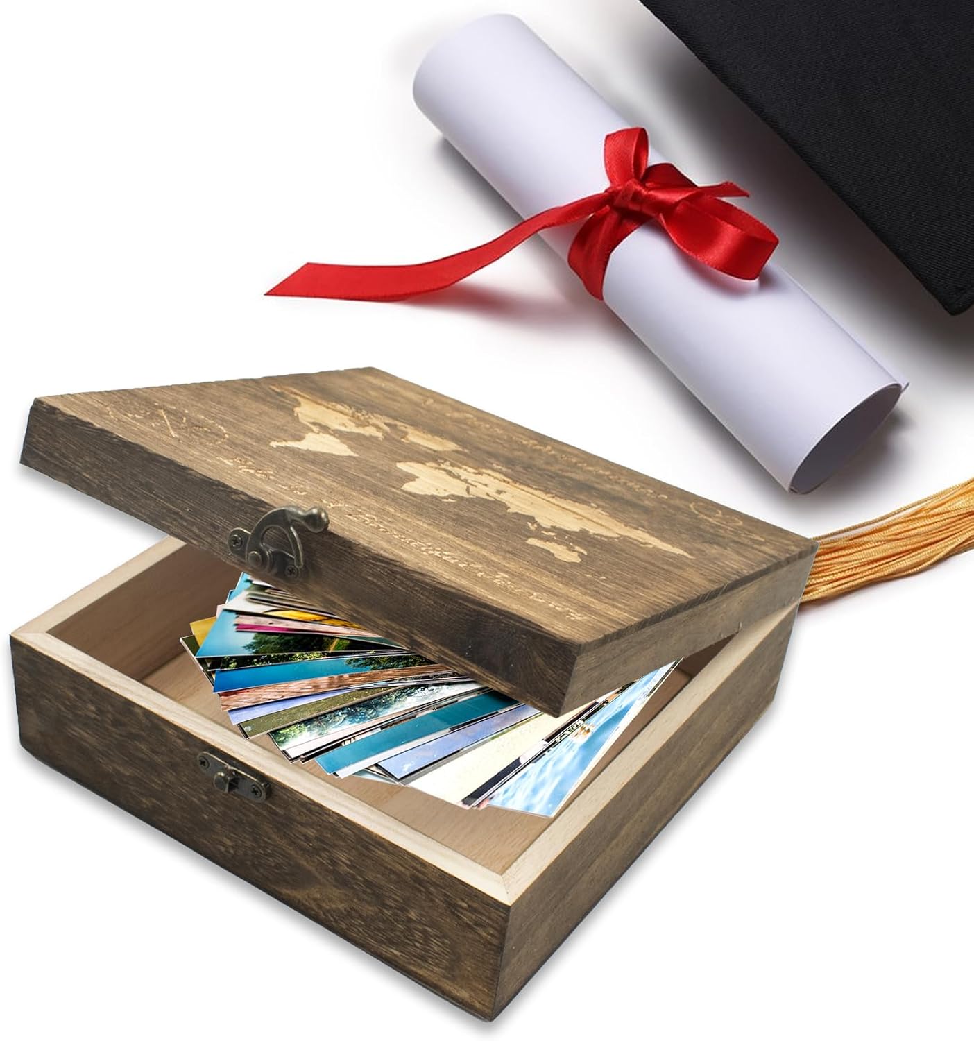 Our Adventures Box, 7.7 x 7.7 x 2.7 Inches, Decorative Wooden Keepsake Box Memory Box with World Map Background Engraved Wood Box with Lid Unique Gift Ideas Wedding Engagement Gift - Image 6