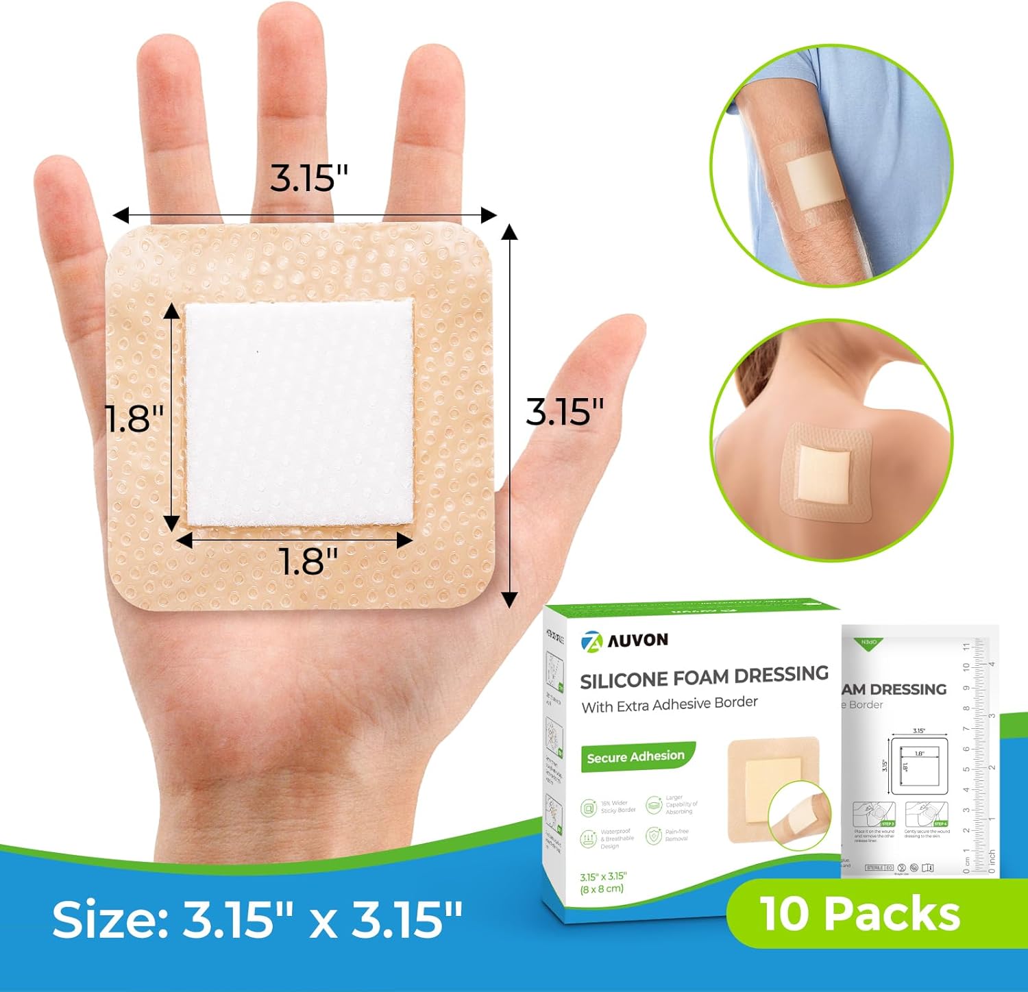 AUVON Silicone Foam Dressing with Large Adhesive Border, 3" x 3" 10-Pack Wound Dressing Bandages with High Absorbency, Waterproof Silicone Foam Pads for Wound Care & Protection Plus Cushioning - Image 5