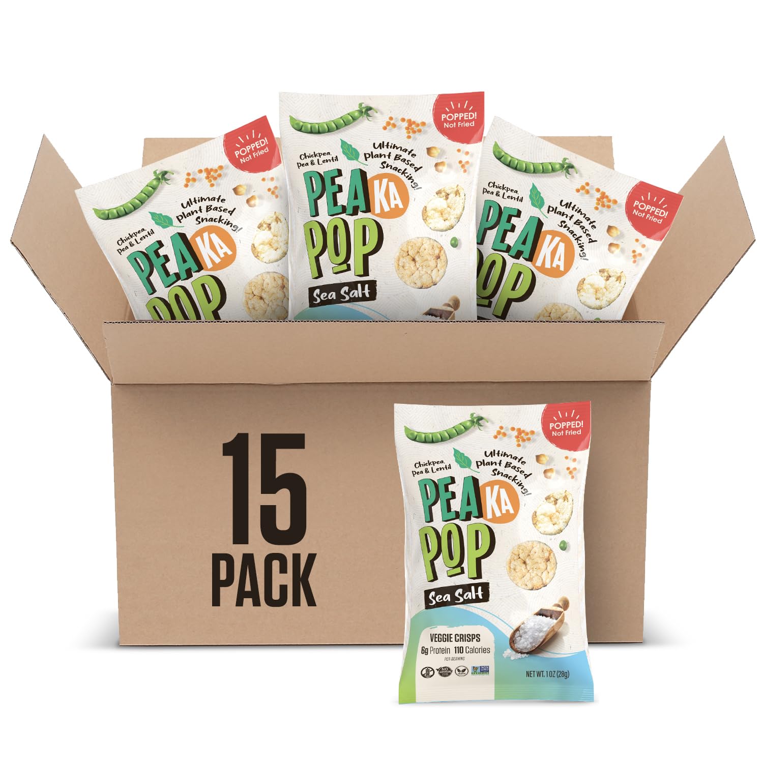 PeaKaPop Veggie Chips – Plant-Based, Healthy Veggie Crisps with Pea, Lentil & Chickpea Protein – Vegan, Gluten-Free, Popped Chips – Snack Size for Kids & Adults – 1 oz Bags (15-Pack) – Sea Salt