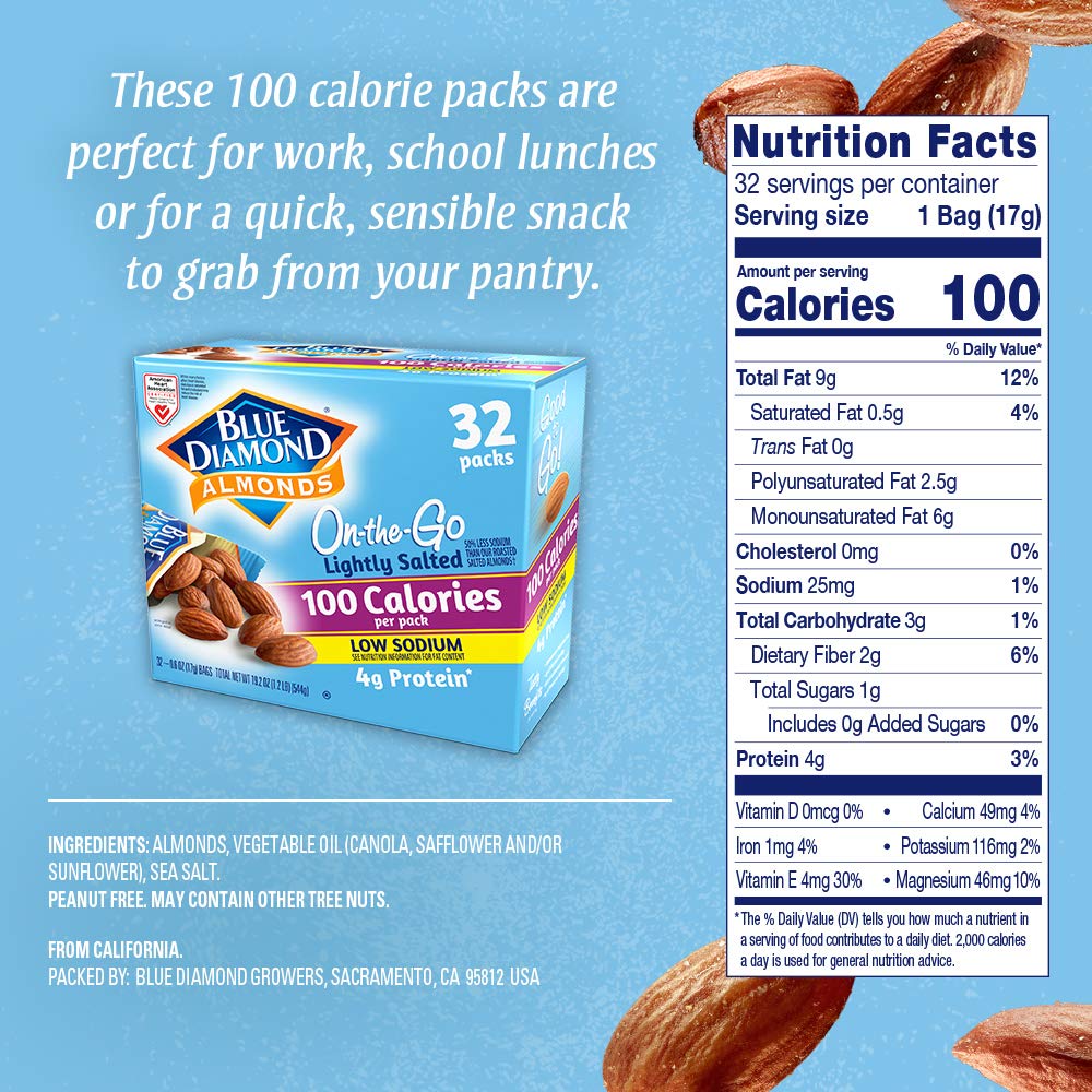 Blue Diamond Almonds Low Sodium Lightly Salted Snack Nuts, 100 Calorie Packs, 0.6 Ounce (Pack of 32) - Image 2