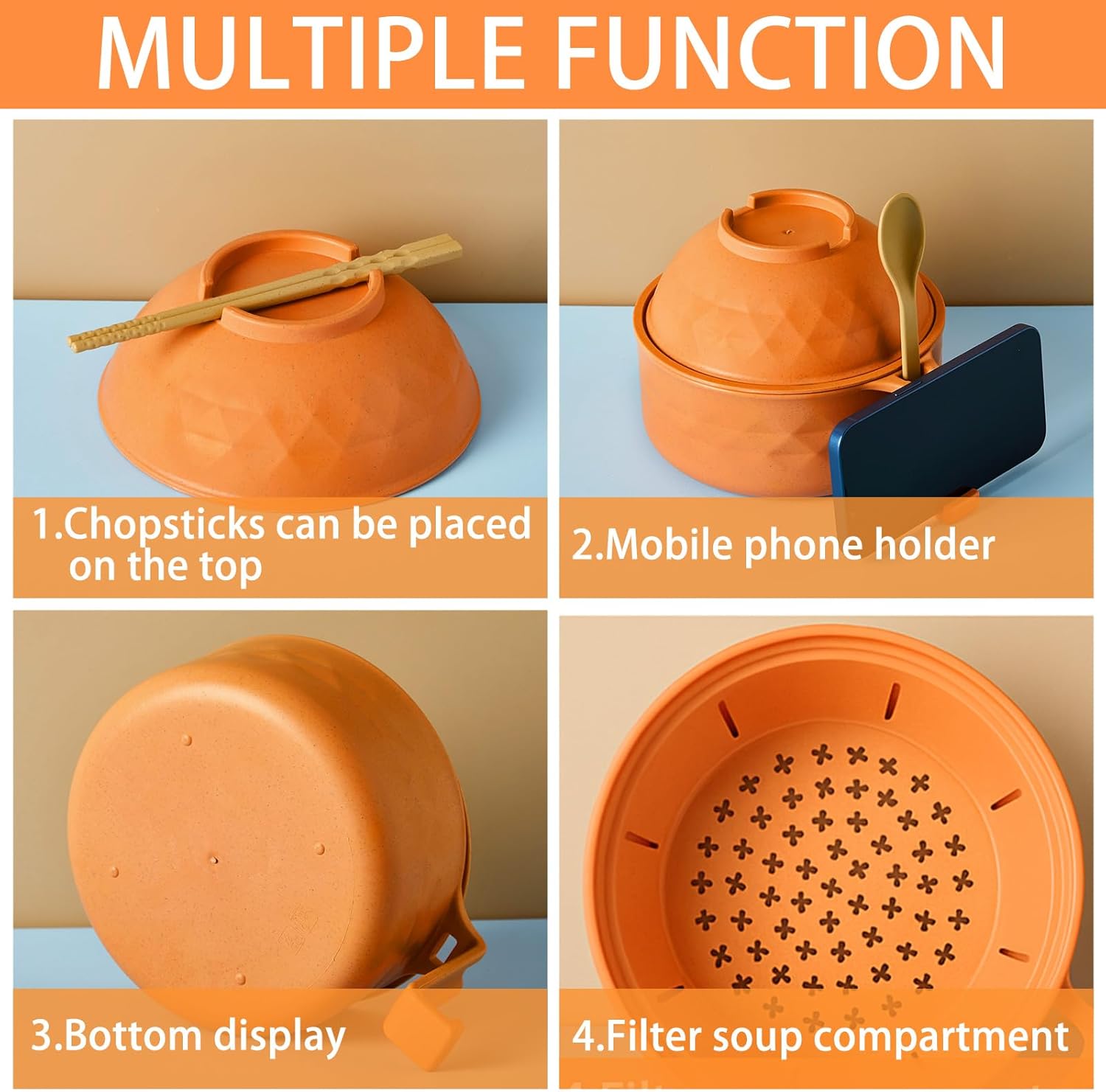 6 Pcs Microwave Ramen Cooker Set Microwavable Wheat Straw Dinnerware Sets with 40oz Ramen Bowl, Plates, Cups and Cutlery Box, Dishwasher Safe Camping College Dorm (Orange) - Image 3