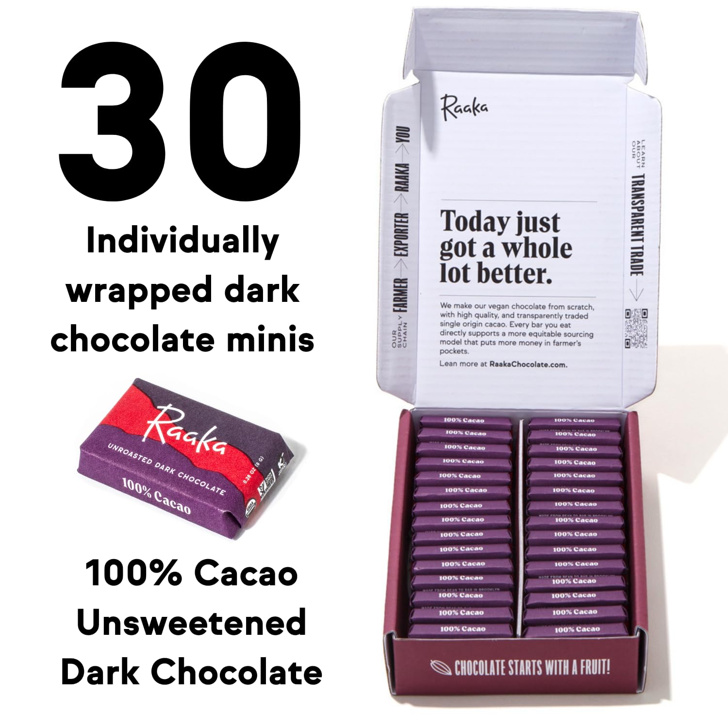Raaka 100% Dark Chocolate Mini Bars | Unsweetened, Bitter, No Added Sugar or Artificial Sweeteners | Organic, Vegan, Gluten Free, Paleo, Kosher | Box of 30 Individually Wrapped Chocolates - Image 2