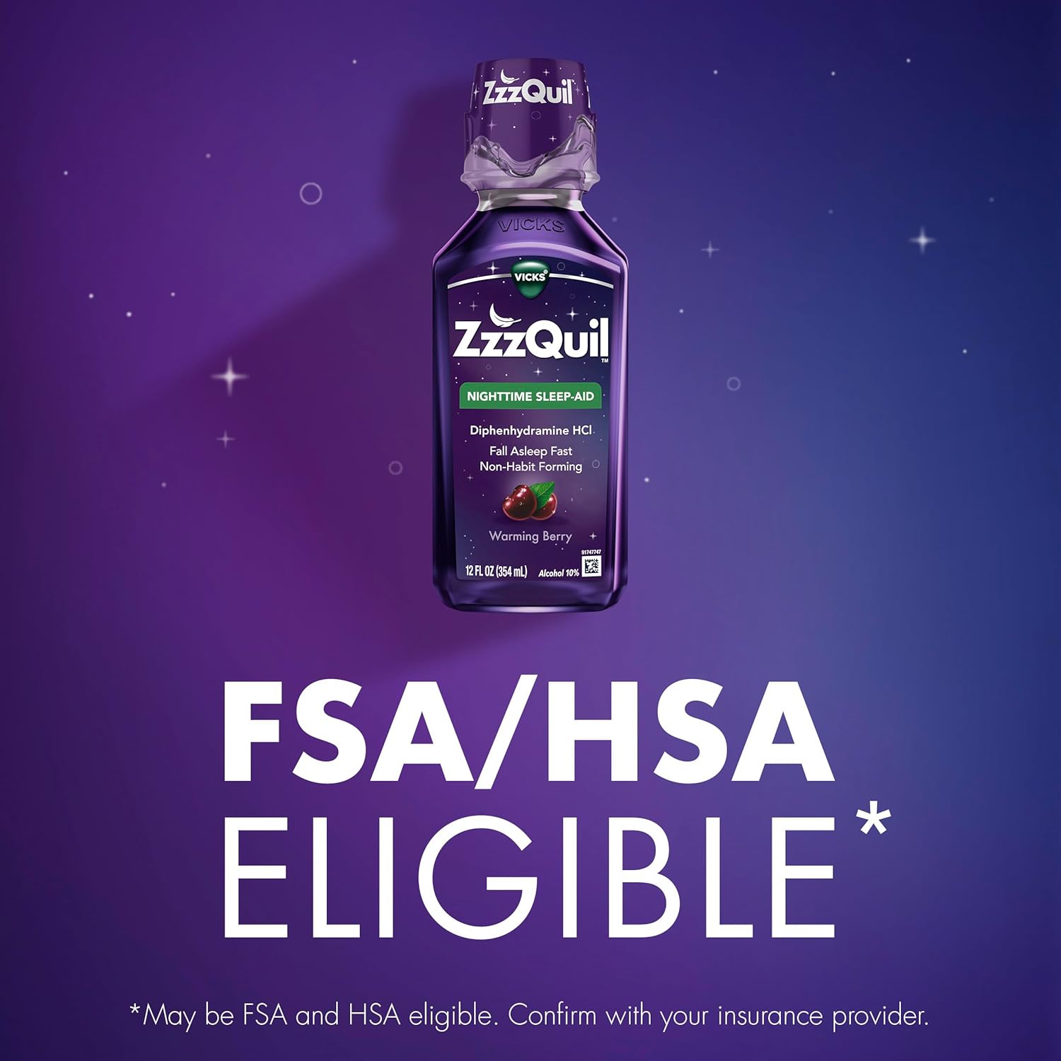 ZzzQuil, Sleep Aid, Nighttime Sleep Aid Liquid, 50 mg Diphenhydramine HCl, Fall Asleep Fast, Non-Habit Forming, Warming Berry Flavor, 12 FL OZ (Pack of 2) - Image 8