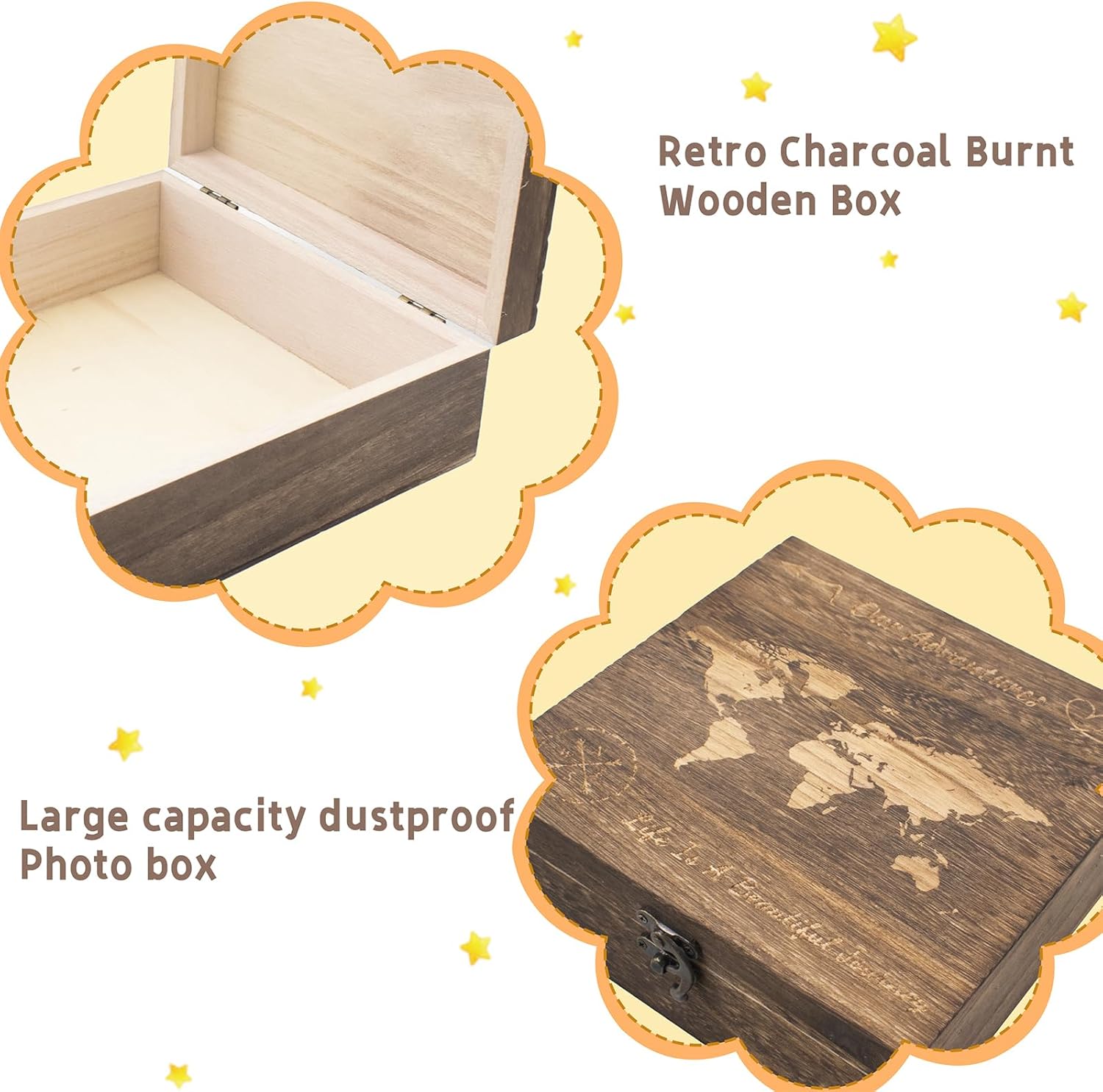 Our Adventures Box, 7.7 x 7.7 x 2.7 Inches, Decorative Wooden Keepsake Box Memory Box with World Map Background Engraved Wood Box with Lid Unique Gift Ideas Wedding Engagement Gift - Image 2