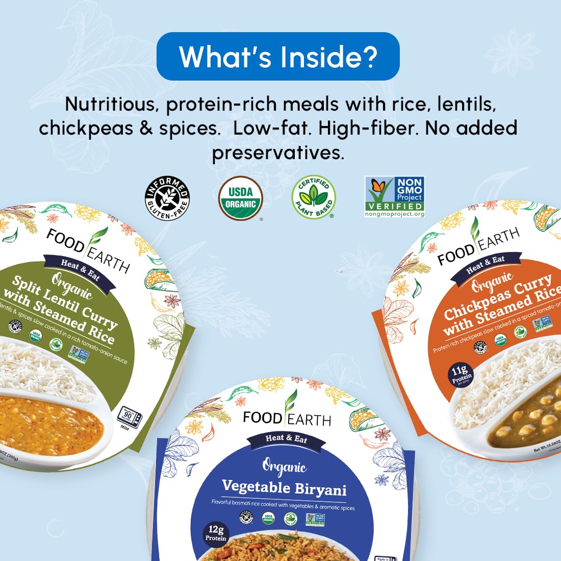 Food Earth Ready to Eat Indian Cuisine Bundle – Split Lentil Curry, Chickpeas Curry with Steamed Rice & Vegetable Biryani – Organic, Vegan, Gluten-Free, GMO-Free, Plant-Based – Pack of 3 - Image 5