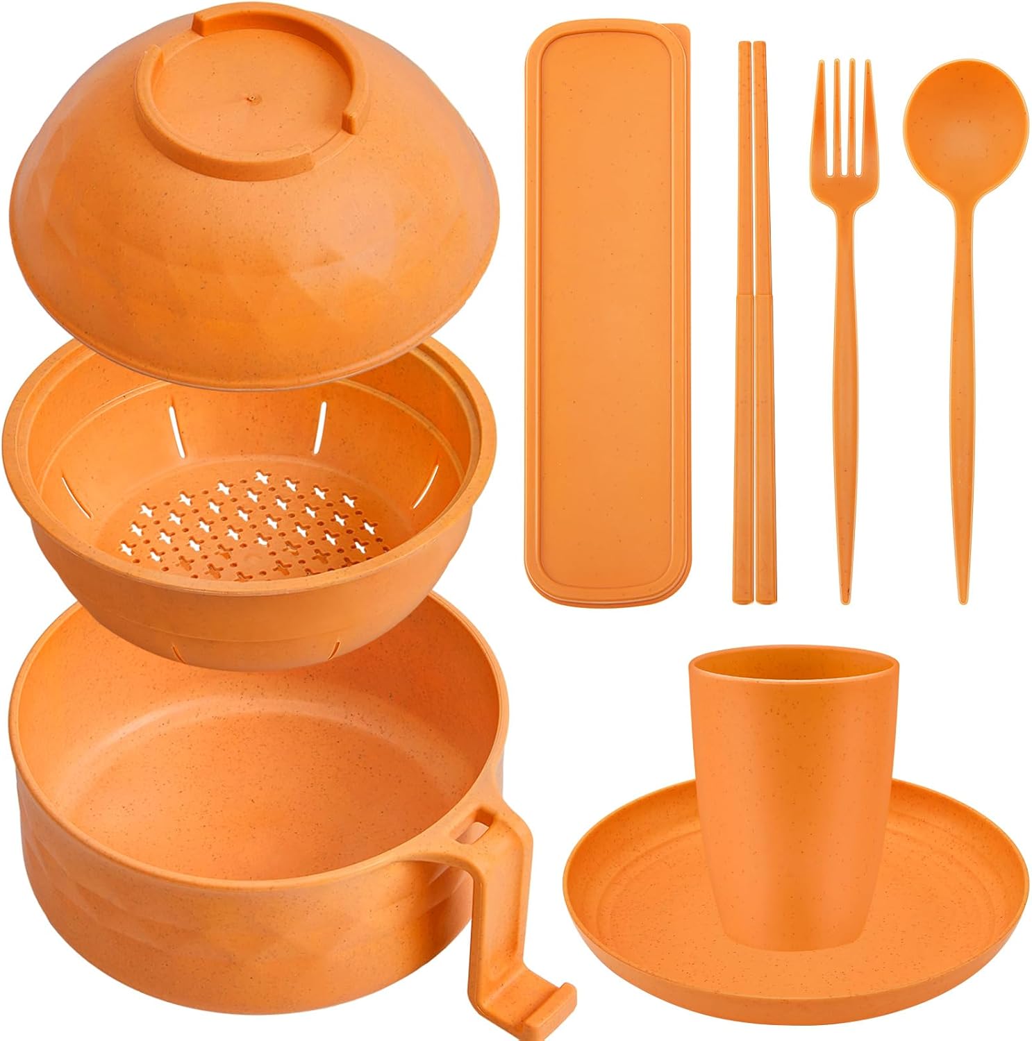 6 Pcs Microwave Ramen Cooker Set Microwavable Wheat Straw Dinnerware Sets with 40oz Ramen Bowl, Plates, Cups and Cutlery Box, Dishwasher Safe Camping College Dorm (Orange)