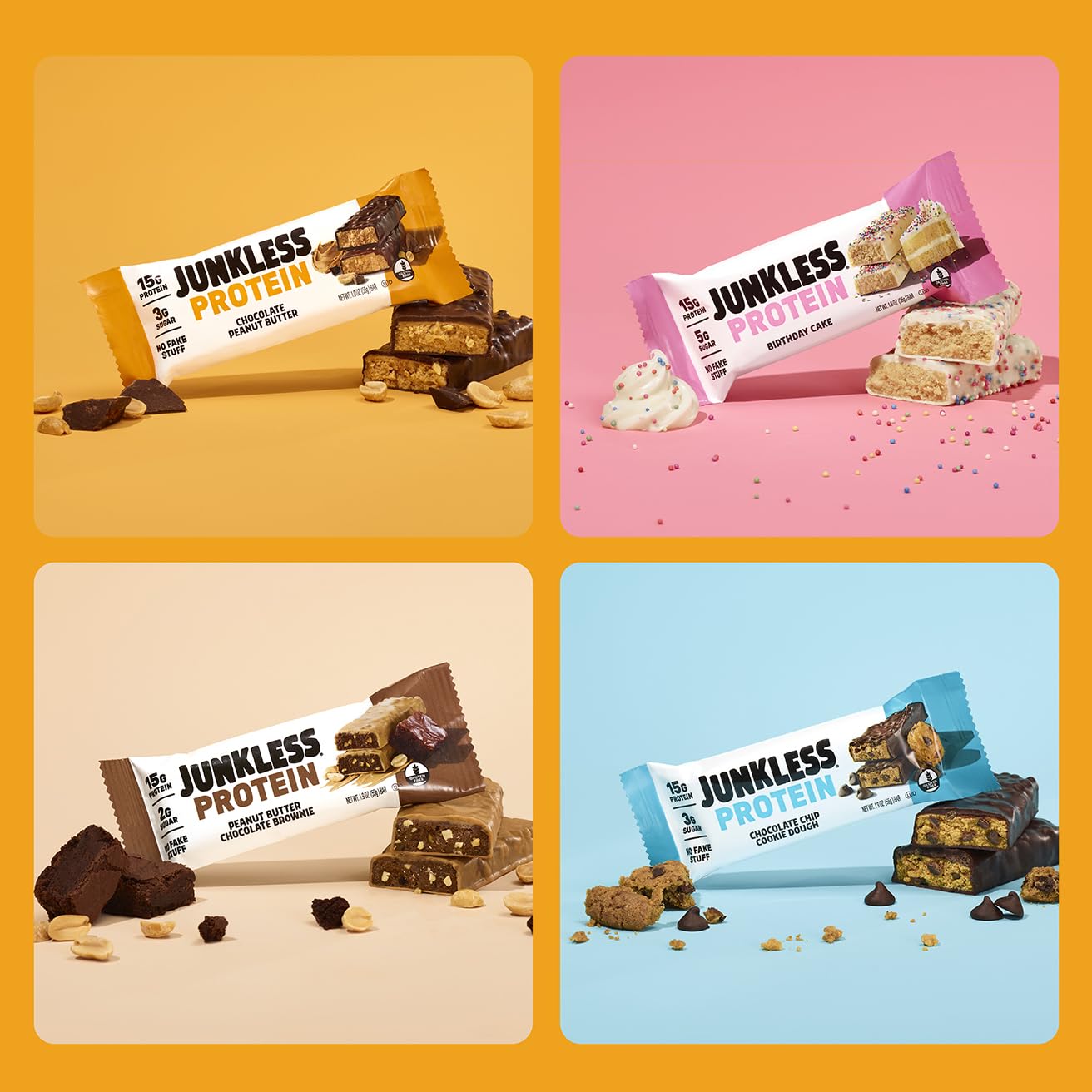 JUNKLESS Protein Bars - 12 Bar Variety Pack - 15g Protein, High Fiber, Gluten Free, Meal Replacement - Delicious, Indulgent, Satisfying, Healthy Snack for Energy - Image 4