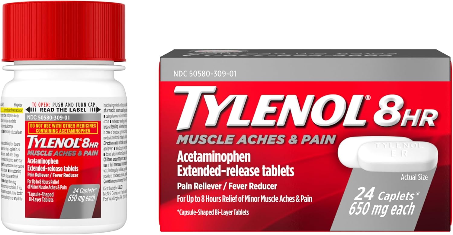 Tylenol 8 Hour Muscle Aches & Pain Relief Extended-Release Tablets with 650 mg Acetaminophen, Fever Reducer & Pain Medicine for Muscles, Joints, Body, and Backache Pain Relief, 24 Count - Image 2