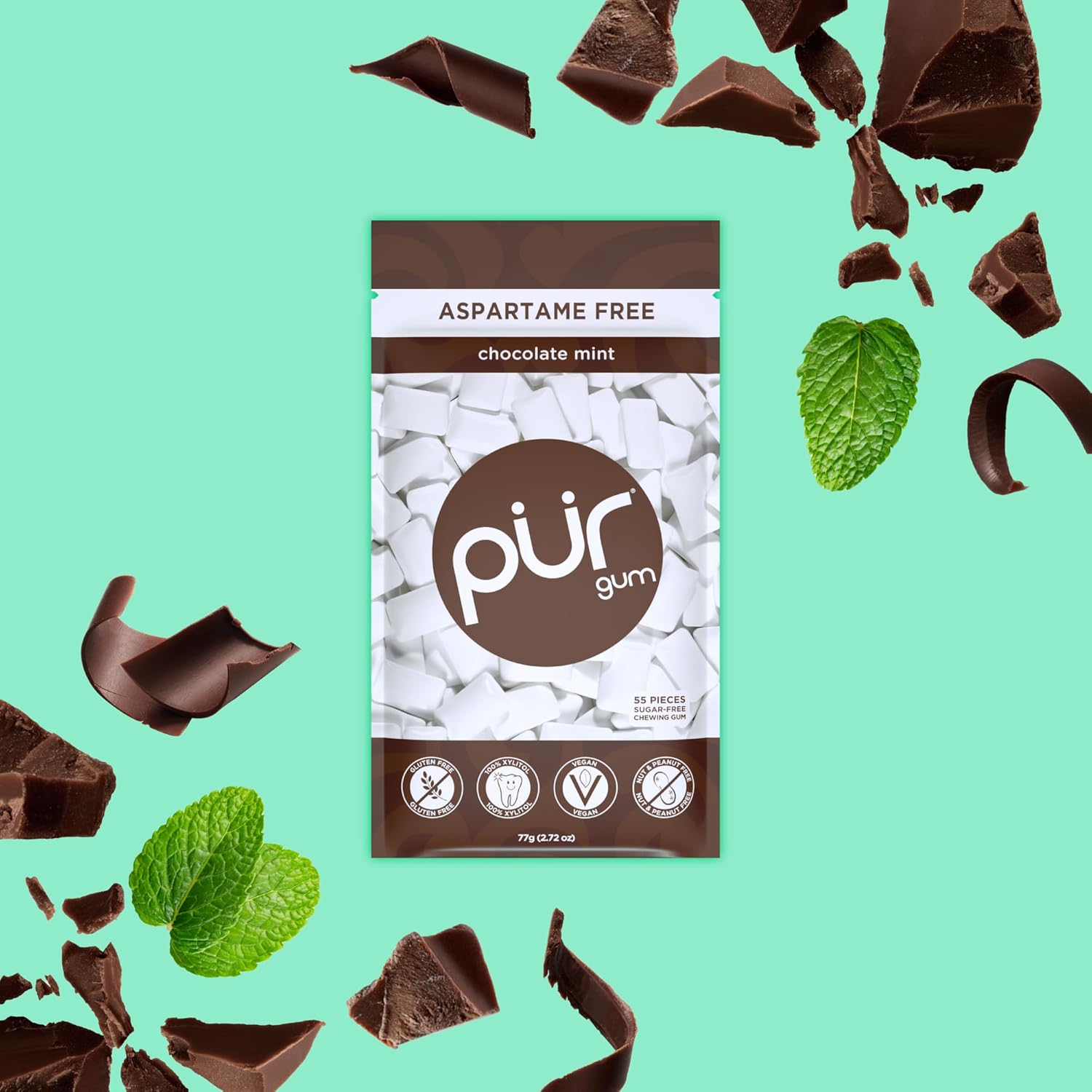 PUR Gum | Aspartame Free Chewing Gum | 100% Xylitol | Natural Chocolate Mint Flavored Gum, 55 Pieces (Pack of 1) - Image 4