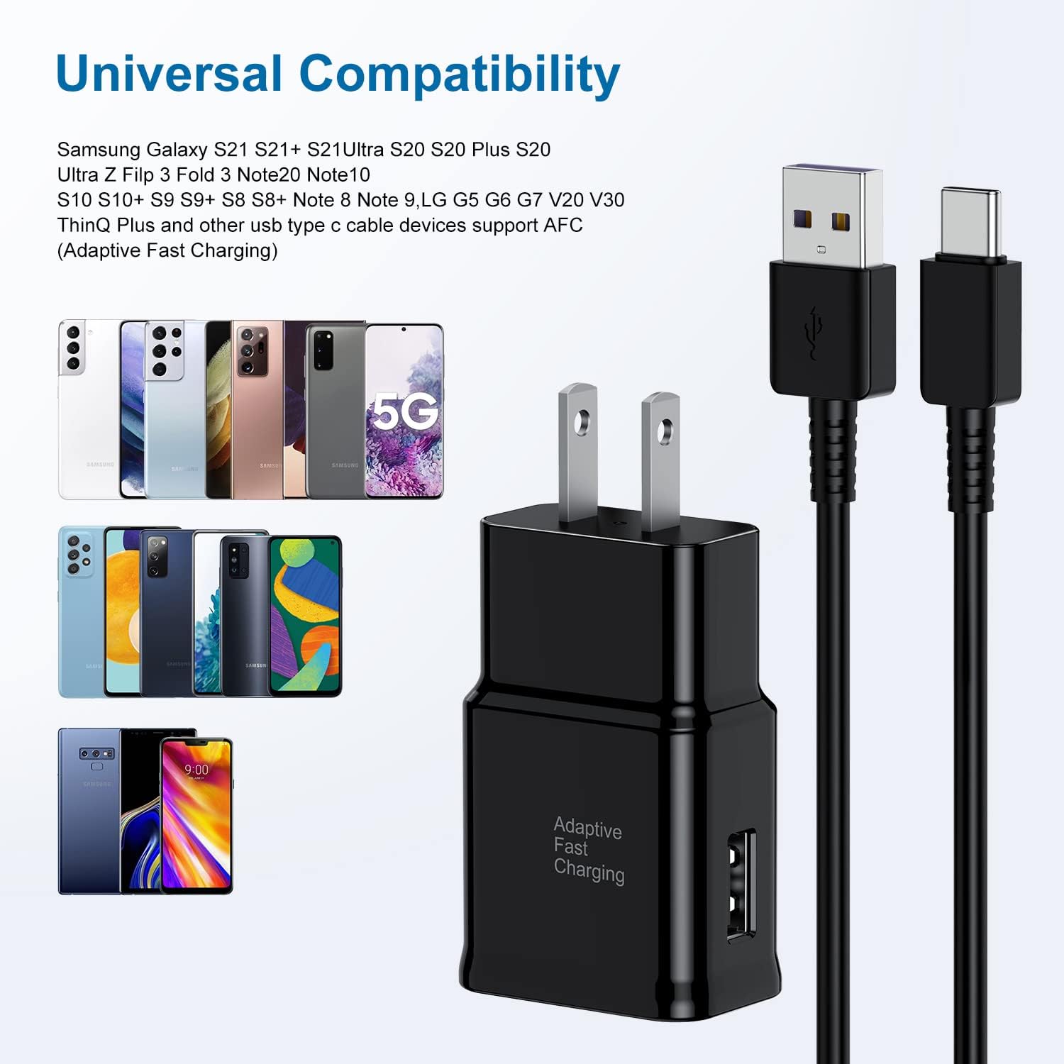 Type C Charger Fast Charging, 2 Pack USB C Android Phone Wall Charger Block & 6ft Charge Cable Cord, for Samsung Galaxy S8 / S9 / S10 Plus Active S10e, S20 / S21 Ultra Plus, Note 8 9 10, Pixel 3 etc - Image 4